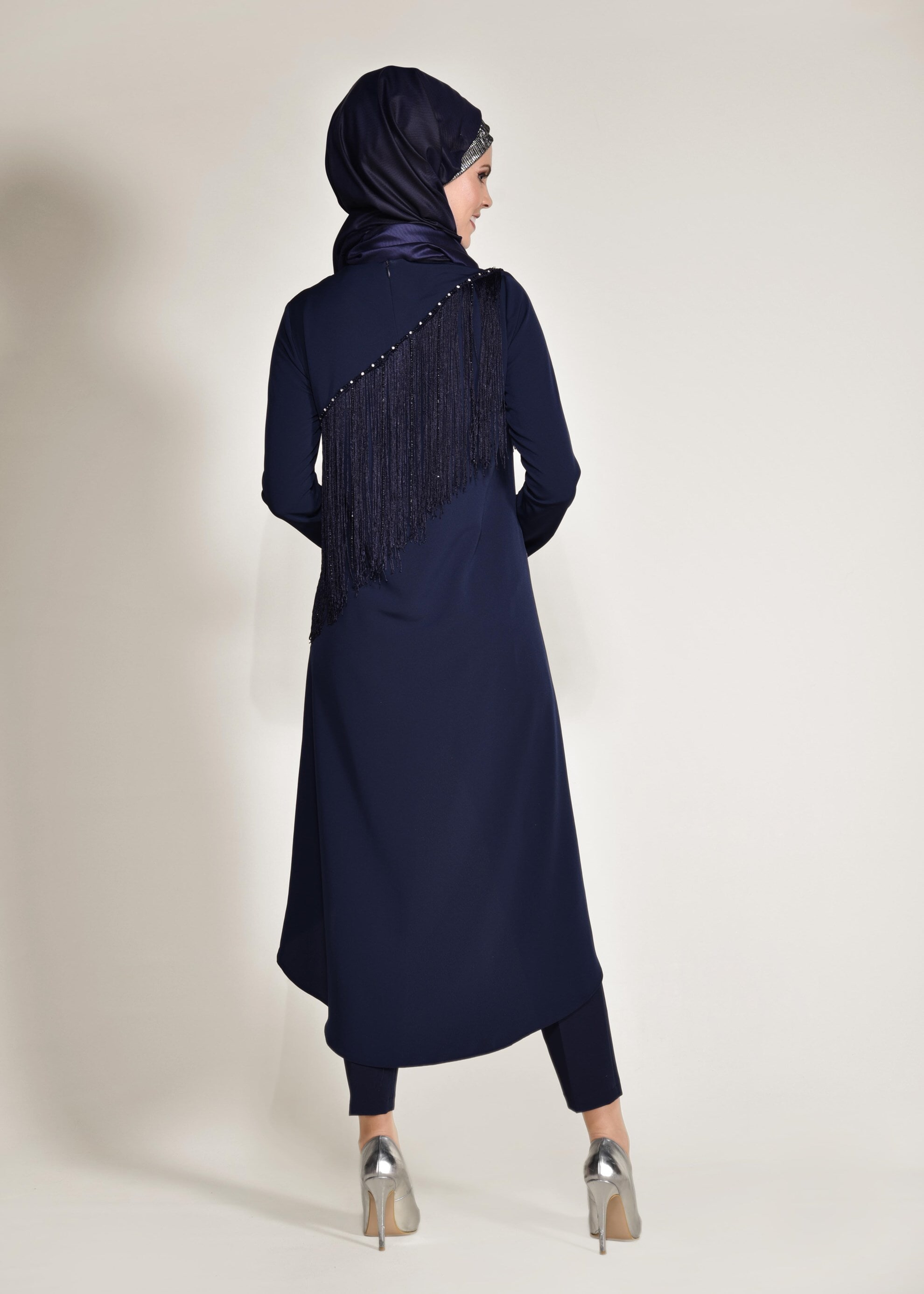 Tesettür giyim LACİVERT PÜSKÜLLÜ VE SİMLİ 2&prime;Lİ PANTOLONLU TAKIM 3451P