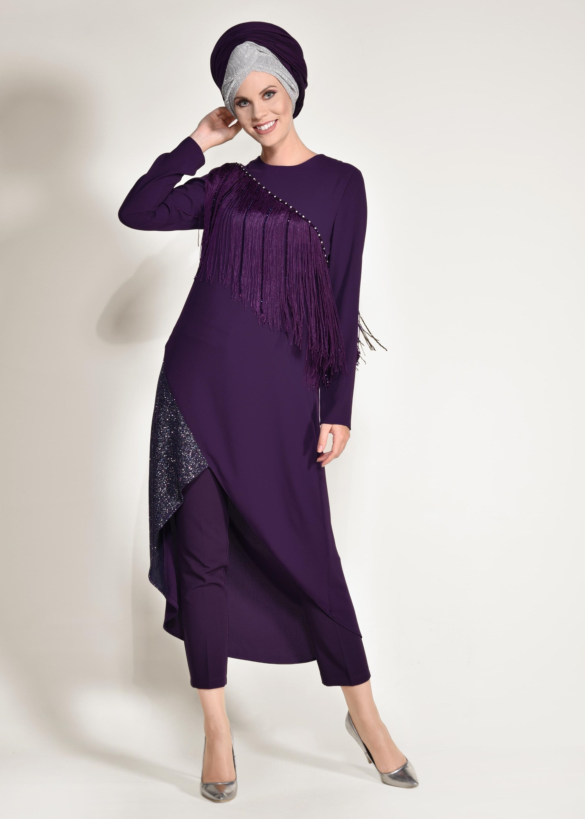 Tesettür giyim MÜRDÜM PÜSKÜLLÜ VE SİMLİ 2&prime;Lİ PANTOLONLU TAKIM 3451P