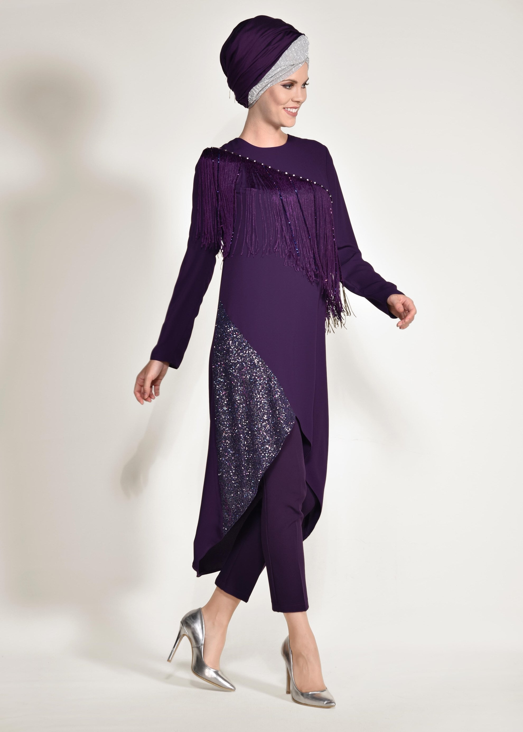 Tesettür giyim MÜRDÜM PÜSKÜLLÜ VE SİMLİ 2&prime;Lİ PANTOLONLU TAKIM 3451P