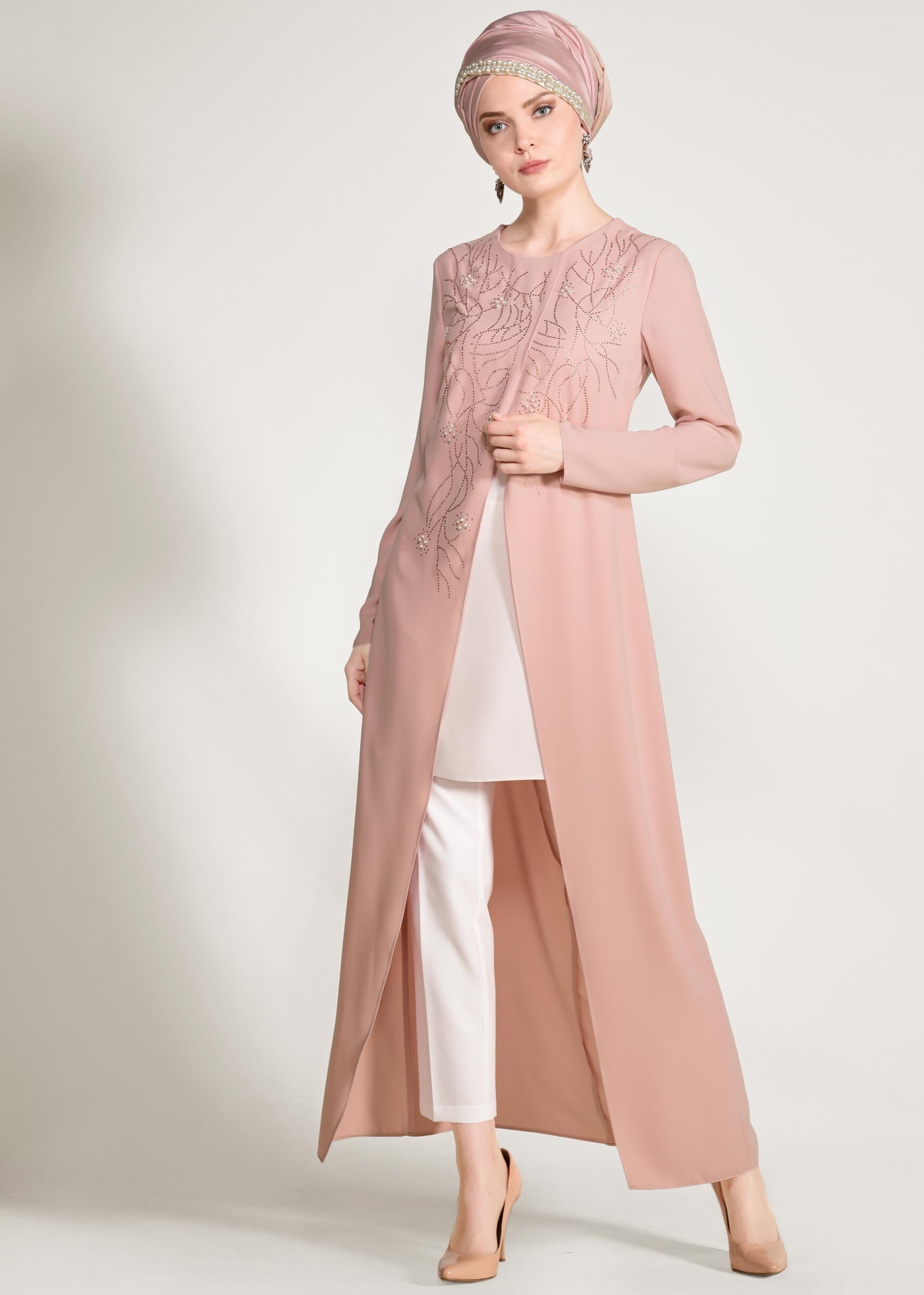 Tesettür giyim PUDRA NAKIŞ VE BONCUK İŞLEMELİ 2&prime;Lİ PANTOLON TAKIM 3455P
