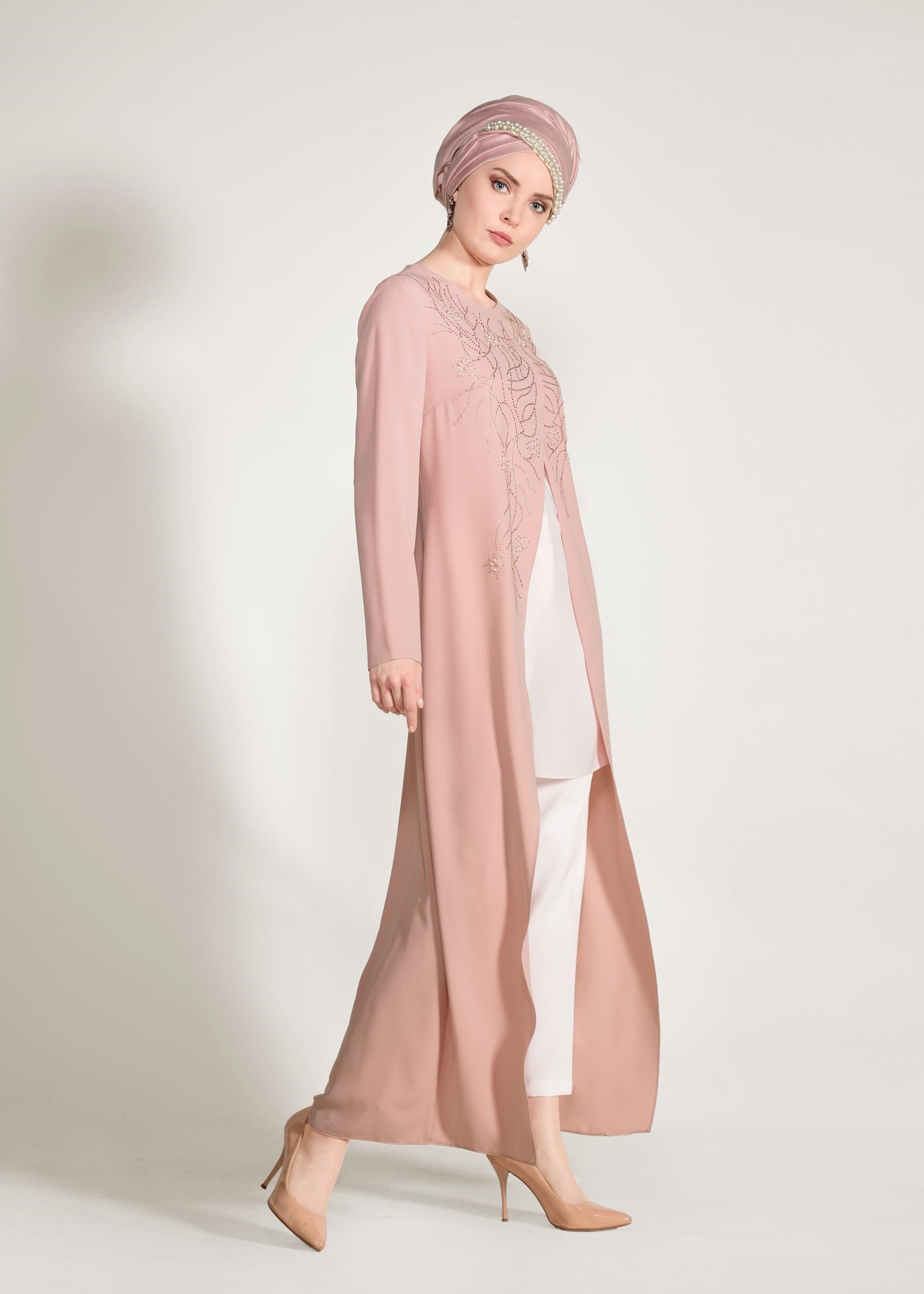 Tesettür giyim PUDRA NAKIŞ VE BONCUK İŞLEMELİ 2&prime;Lİ PANTOLON TAKIM 3455P