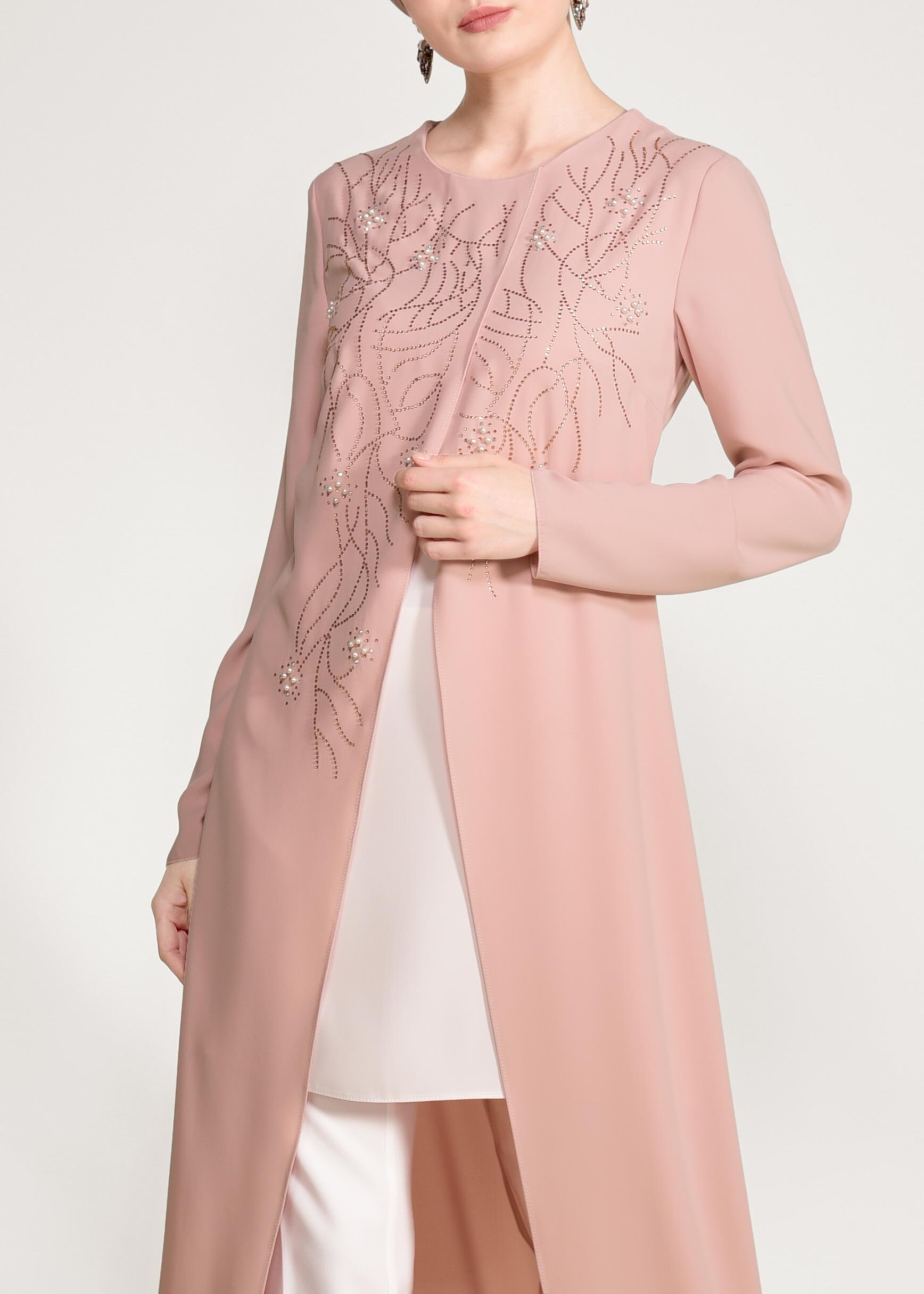 Tesettür giyim PUDRA NAKIŞ VE BONCUK İŞLEMELİ 2&prime;Lİ PANTOLON TAKIM 3455P