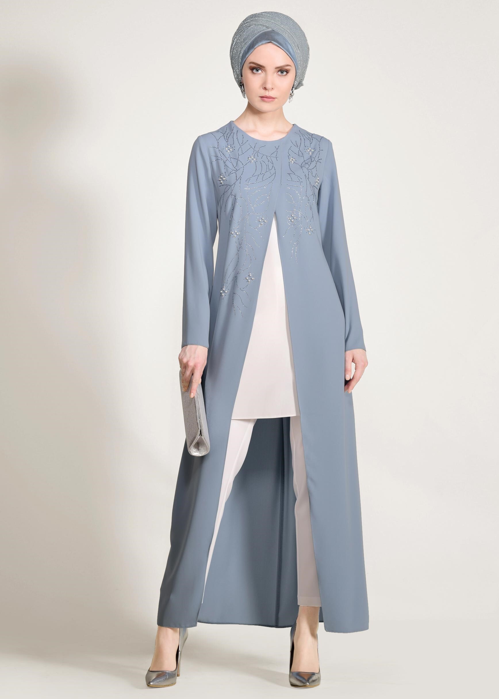 Tesettür giyim MAVİ NAKIŞ VE BONCUK İŞLEMELİ 2&prime;Lİ PANTOLON TAKIM 3455P