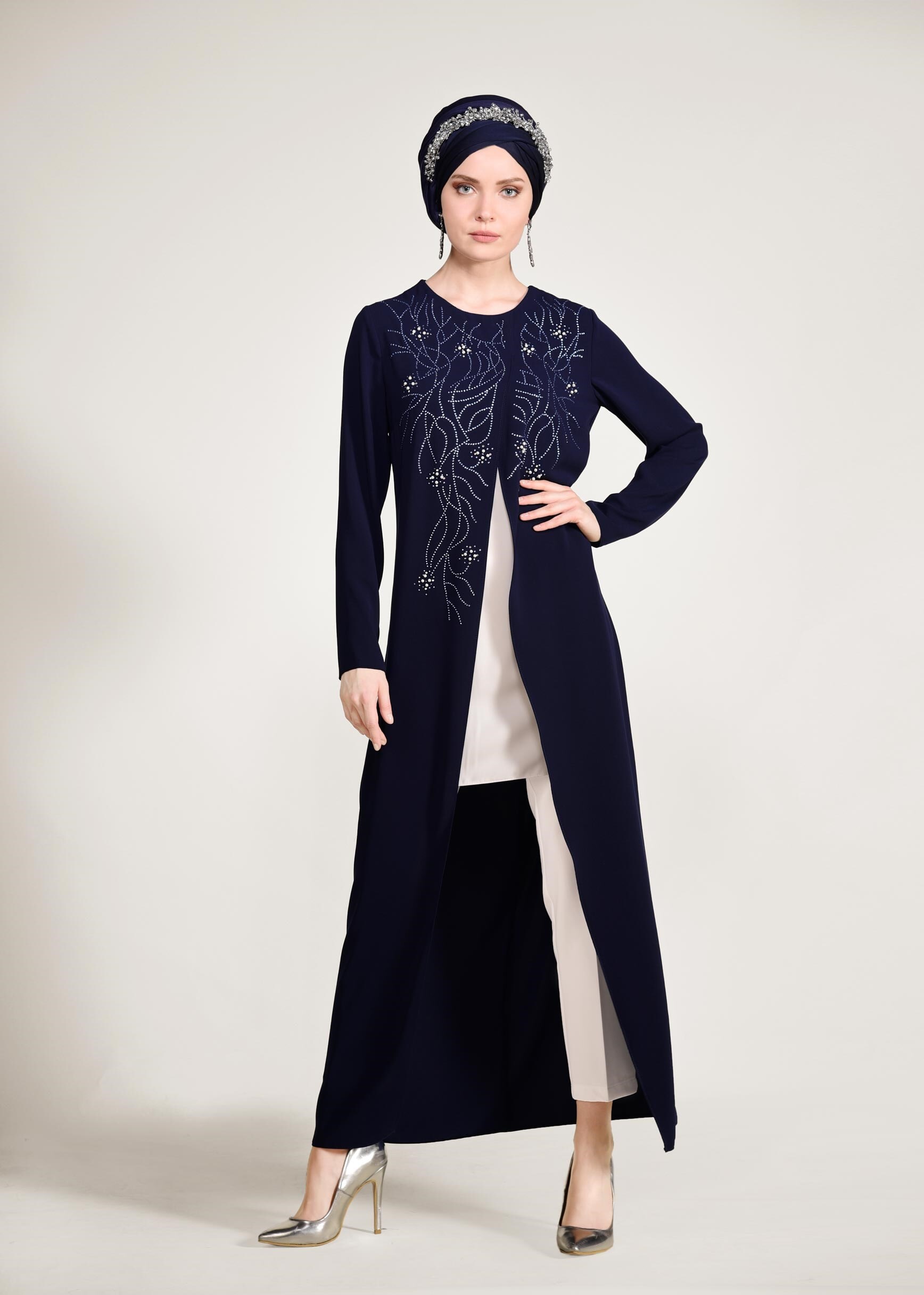 Tesettür giyim LACİVERT NAKIŞ VE BONCUK İŞLEMELİ 2&prime;Lİ PANTOLON TAKIM 3455P