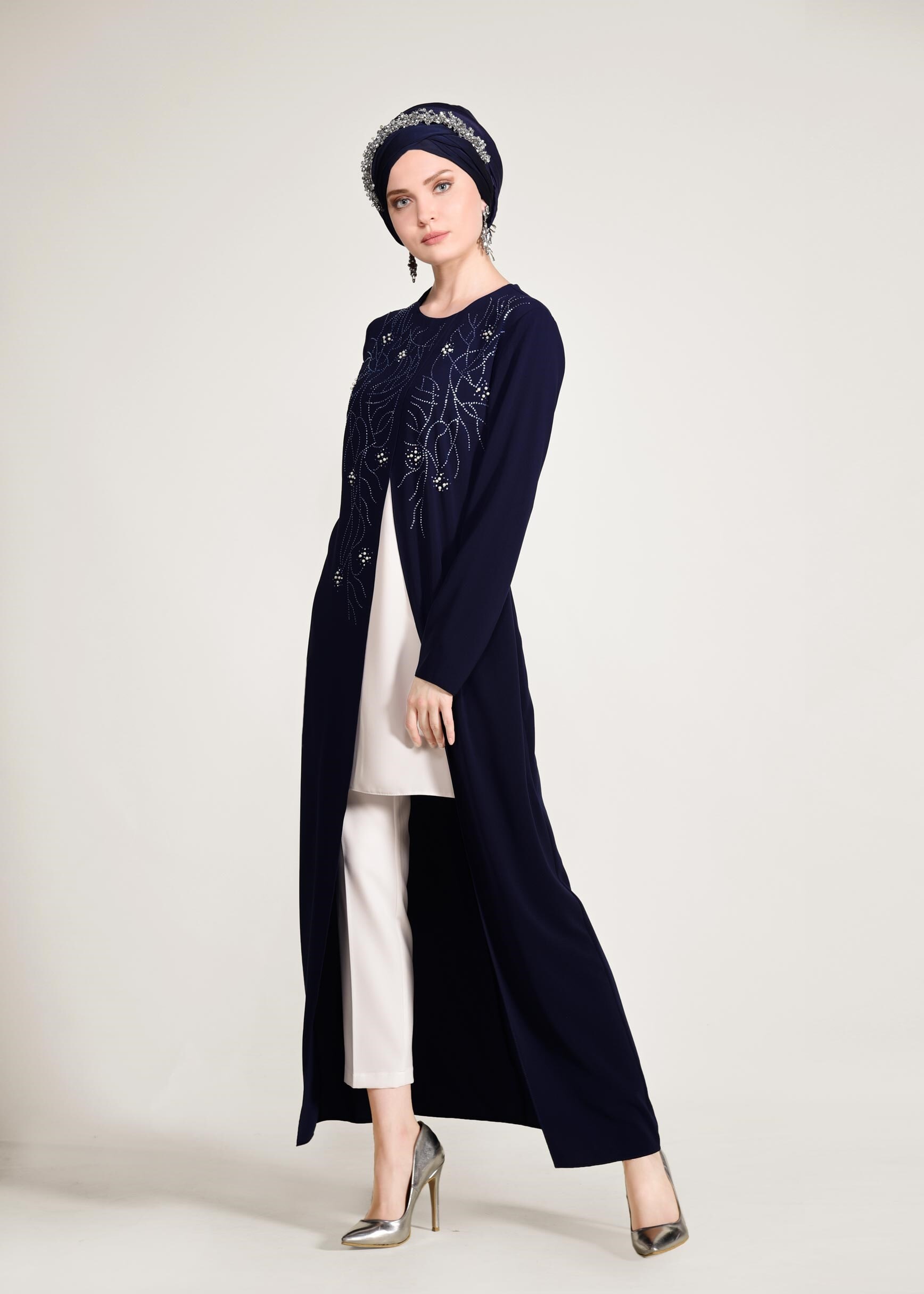 Tesettür giyim LACİVERT NAKIŞ VE BONCUK İŞLEMELİ 2&prime;Lİ PANTOLON TAKIM 3455P