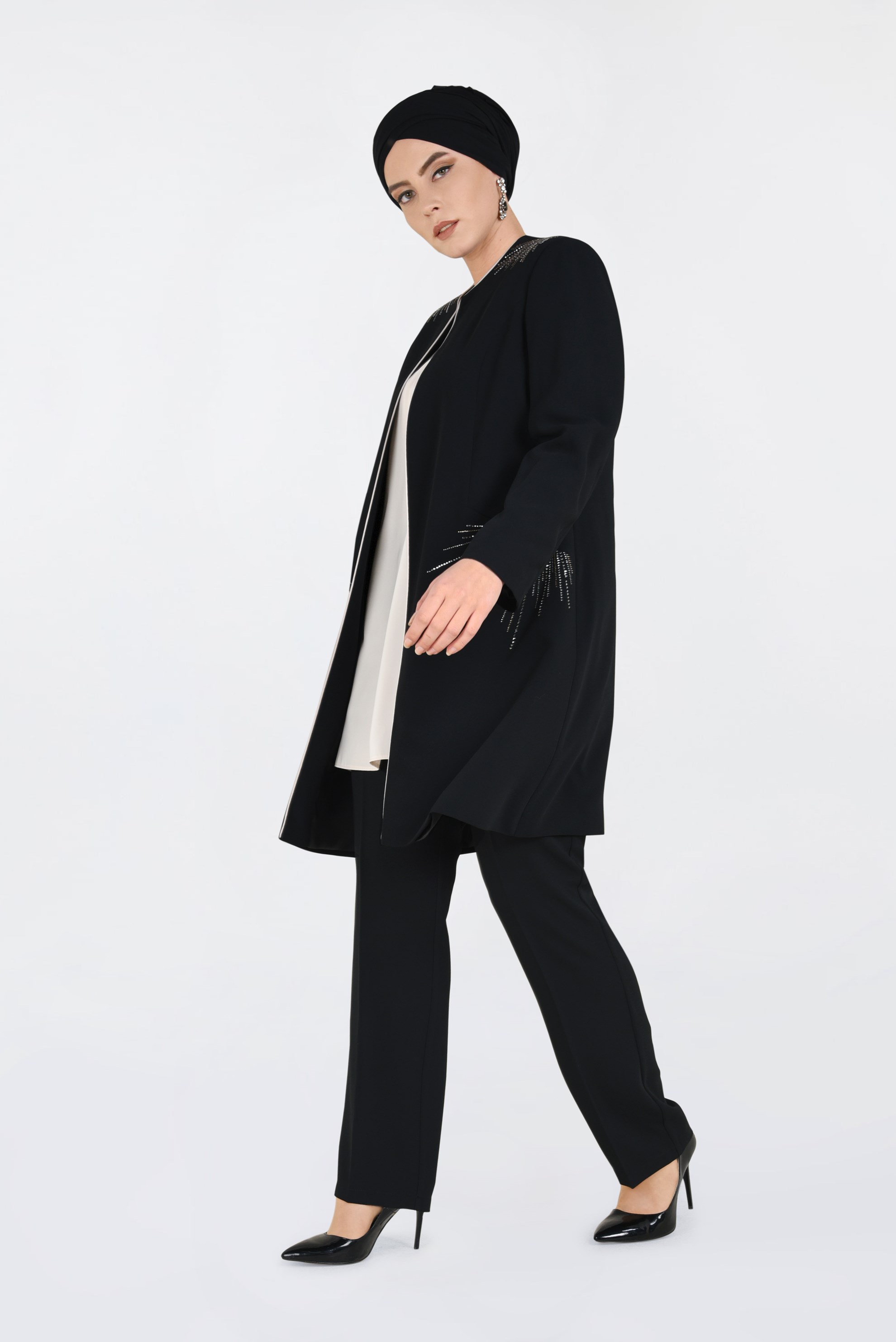 Tesettür giyim SİYAH TAŞ İŞLEMELİ 3&prime;LÜ PANTOLONLU TAKIM 3462P