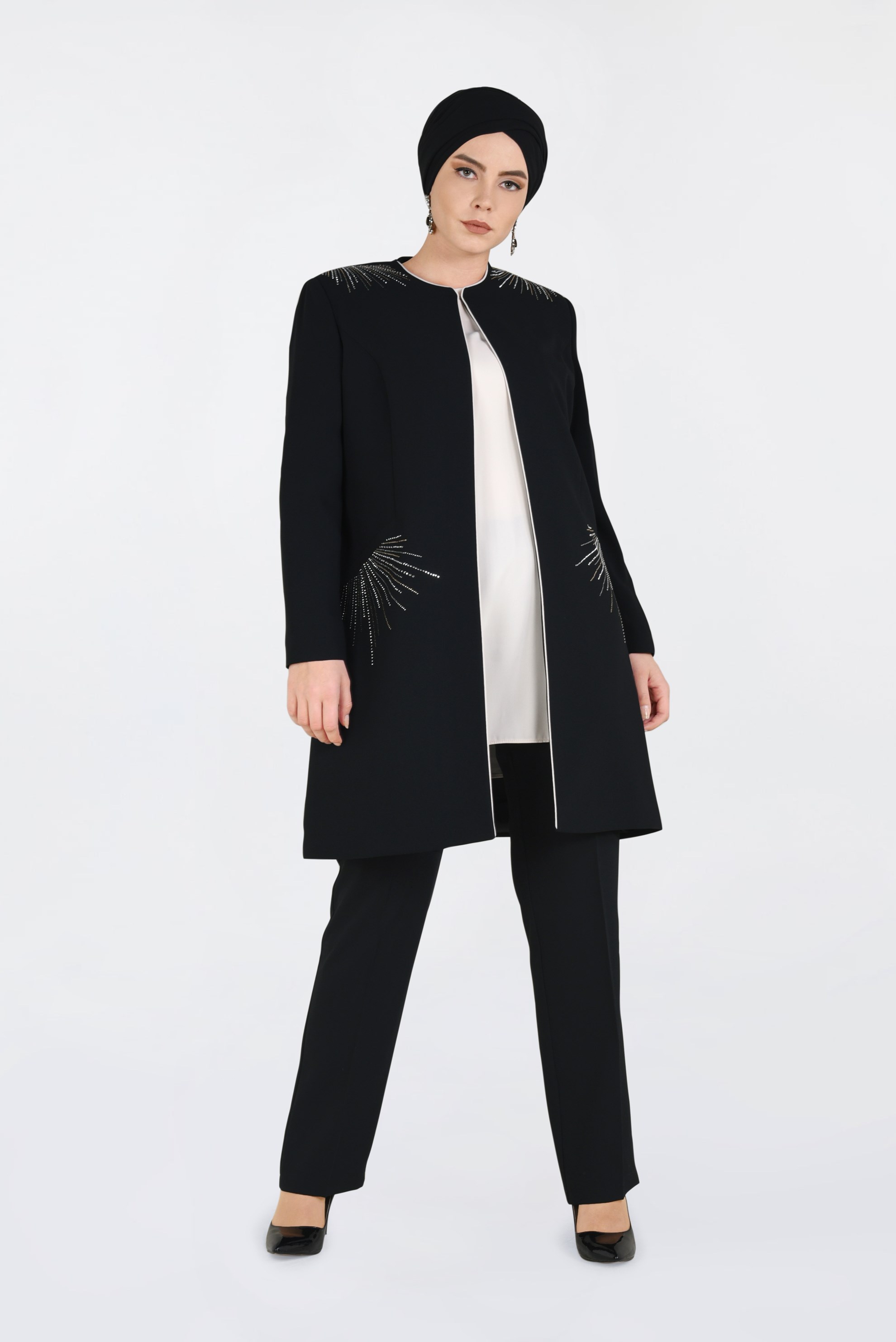 Tesettür giyim SİYAH TAŞ İŞLEMELİ 3&prime;LÜ PANTOLONLU TAKIM 3462P