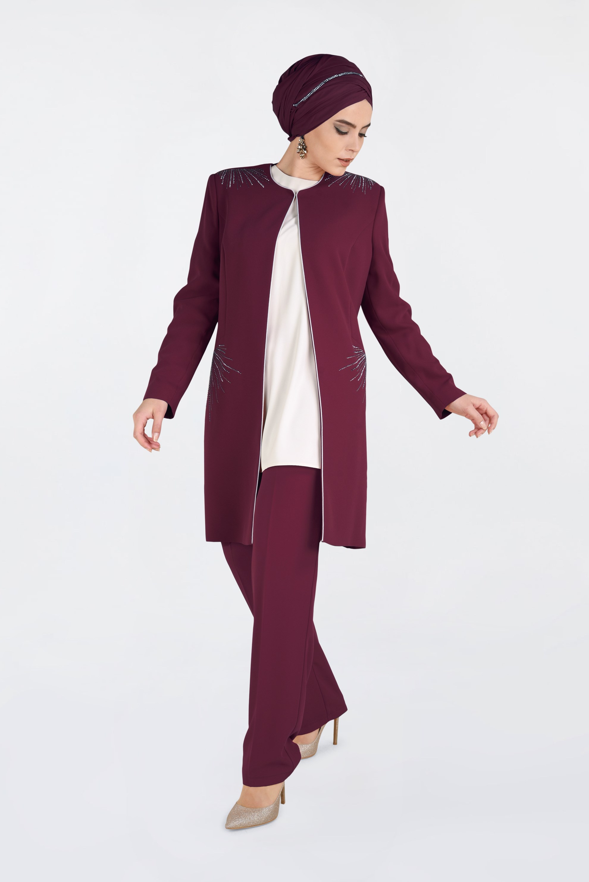Tesettür giyim BORDO TAŞ İŞLEMELİ 3&prime;LÜ PANTOLONLU TAKIM 3462P