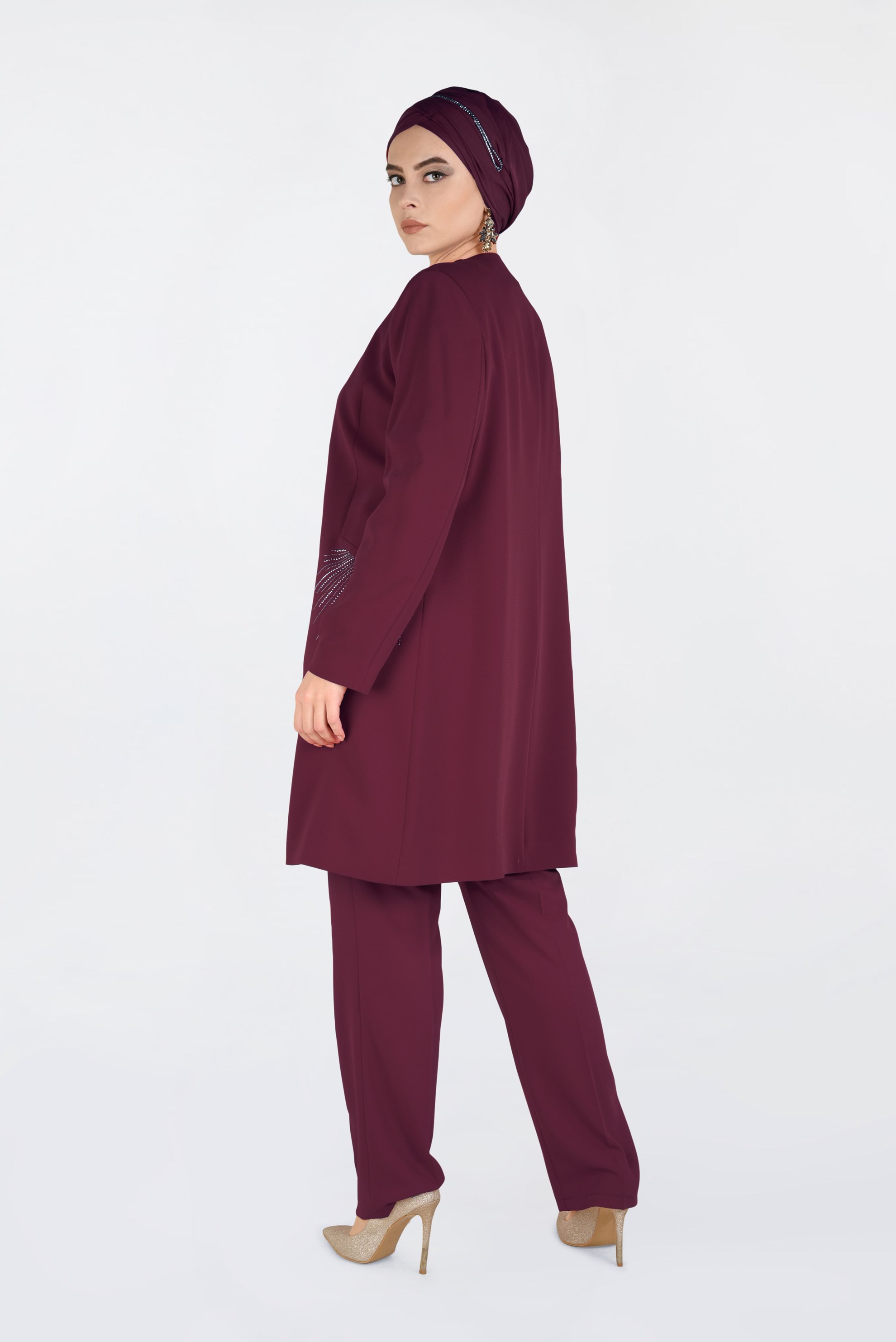 Tesettür giyim BORDO TAŞ İŞLEMELİ 3&prime;LÜ PANTOLONLU TAKIM 3462P