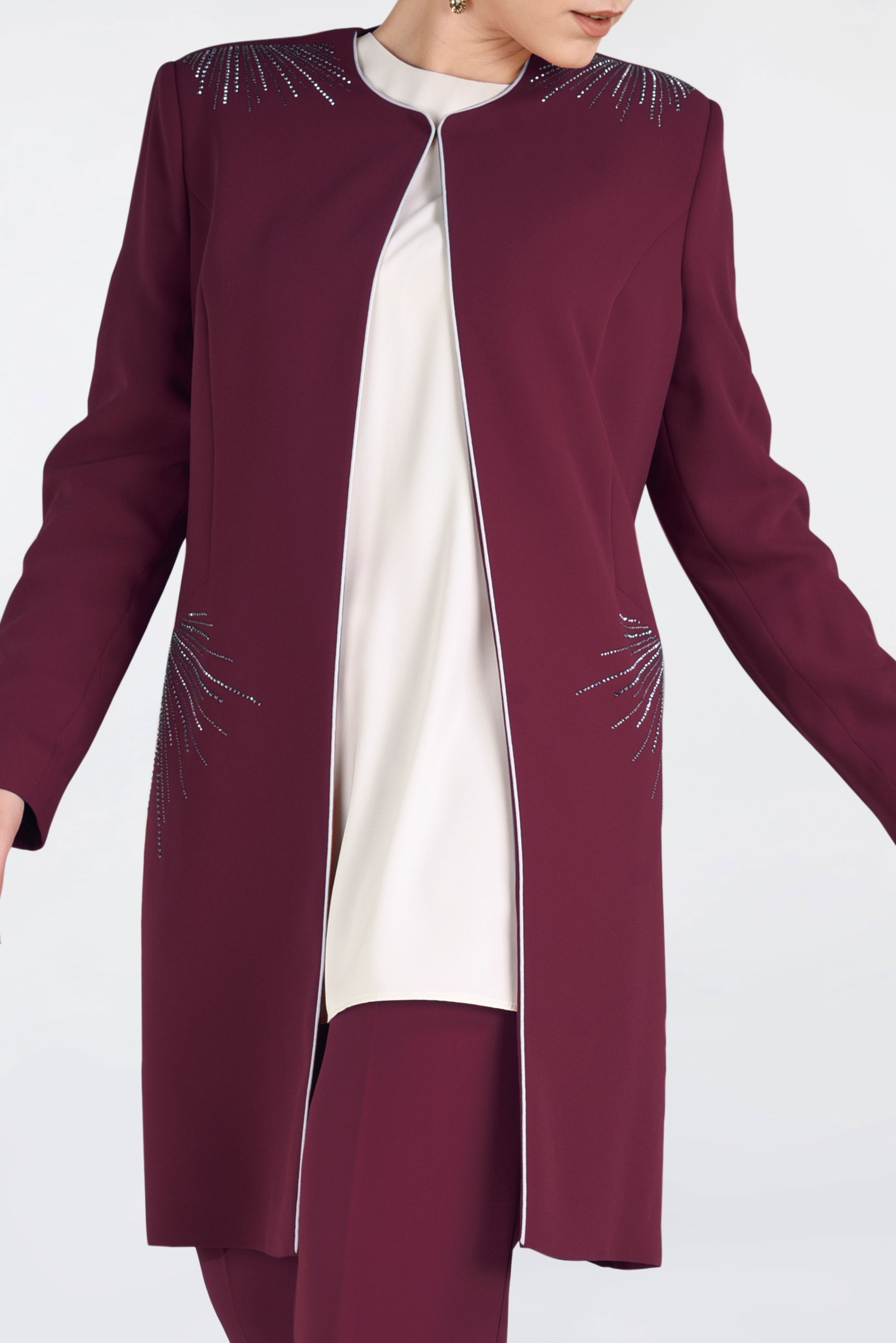 Tesettür giyim BORDO TAŞ İŞLEMELİ 3&prime;LÜ PANTOLONLU TAKIM 3462P