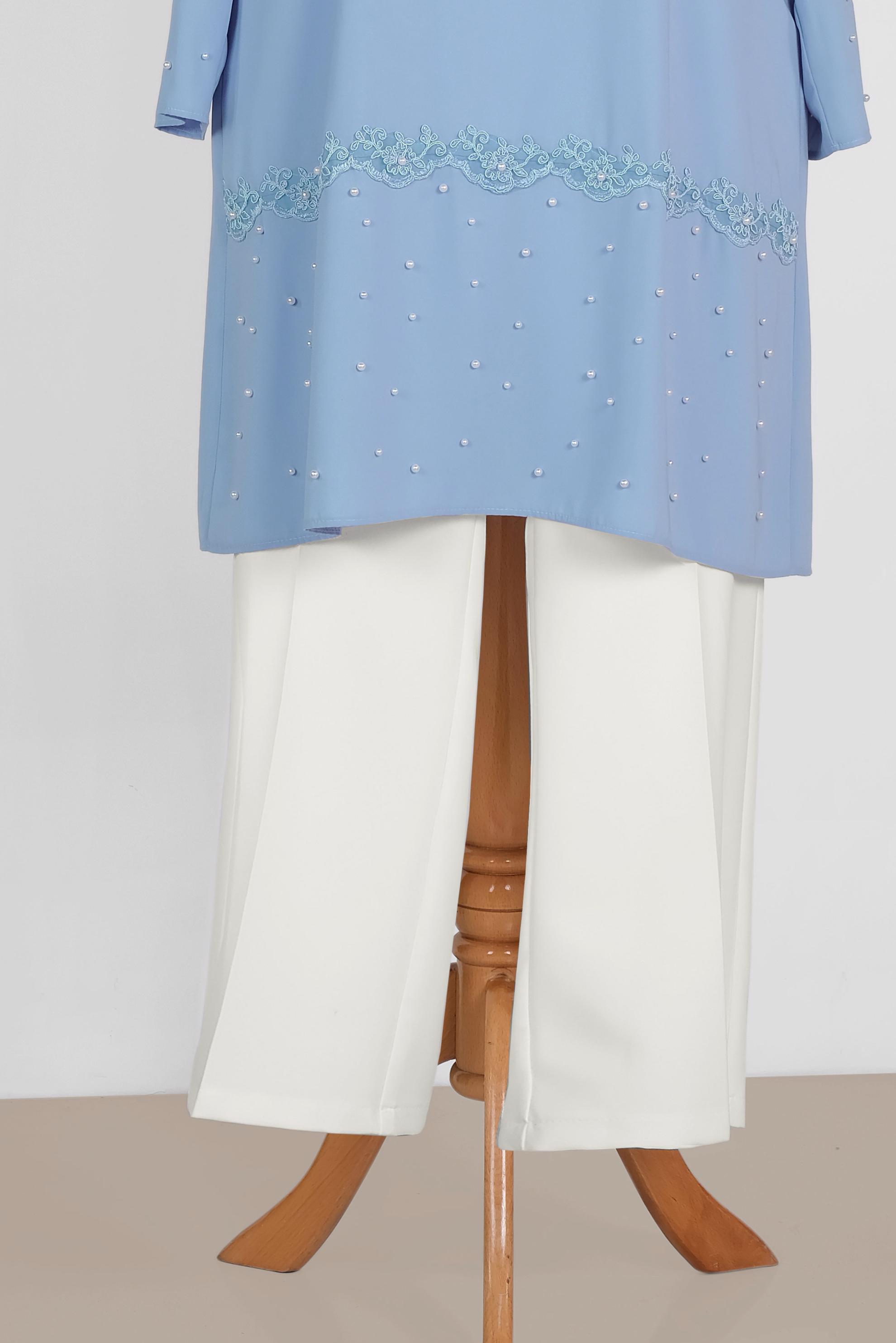 Tesettür giyim MAVİ NAKIŞ VE İNCİ DETAYLI 2&prime;Lİ PANTOLONLU TAKIM 3472P