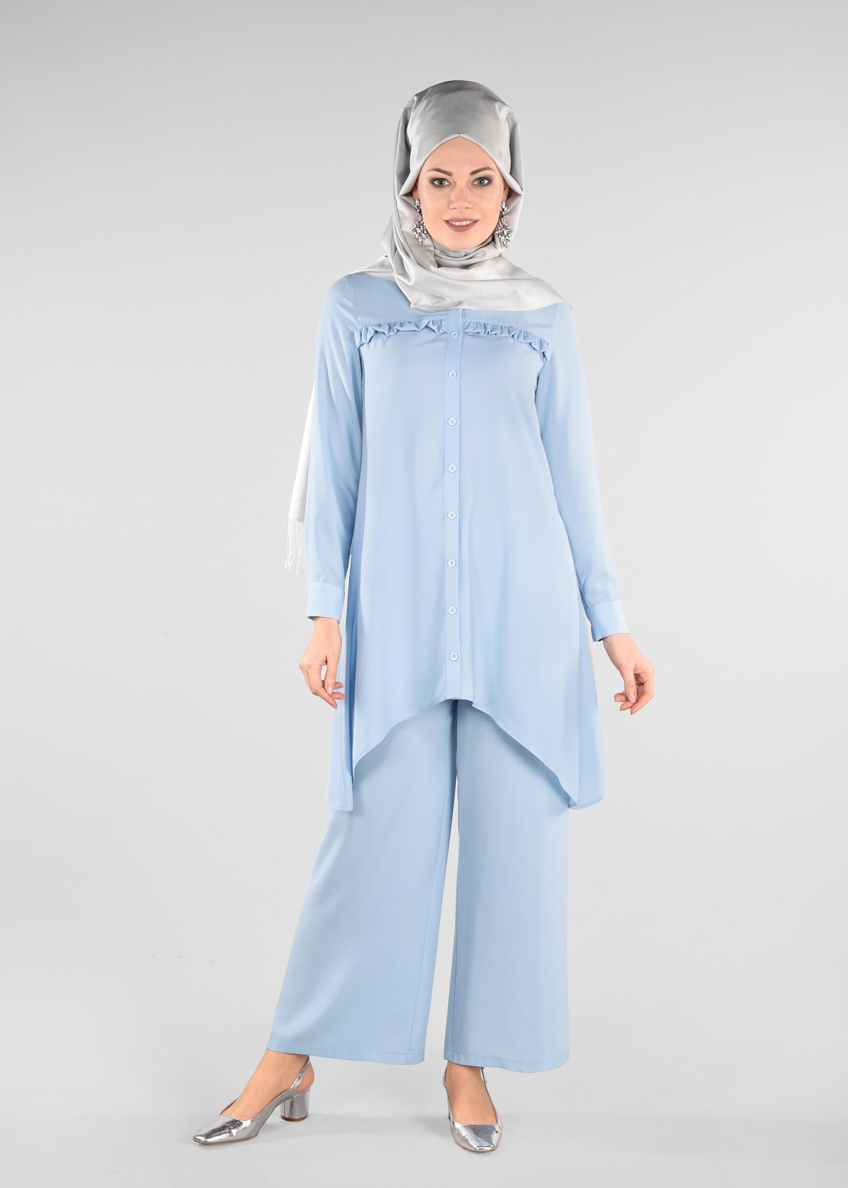 Tesettür giyim MAVİ SIRT KISMI FIRFIR VE BAĞCIK DETAYLI 2&prime;Lİ PANTOLONLU TAKIM 4008