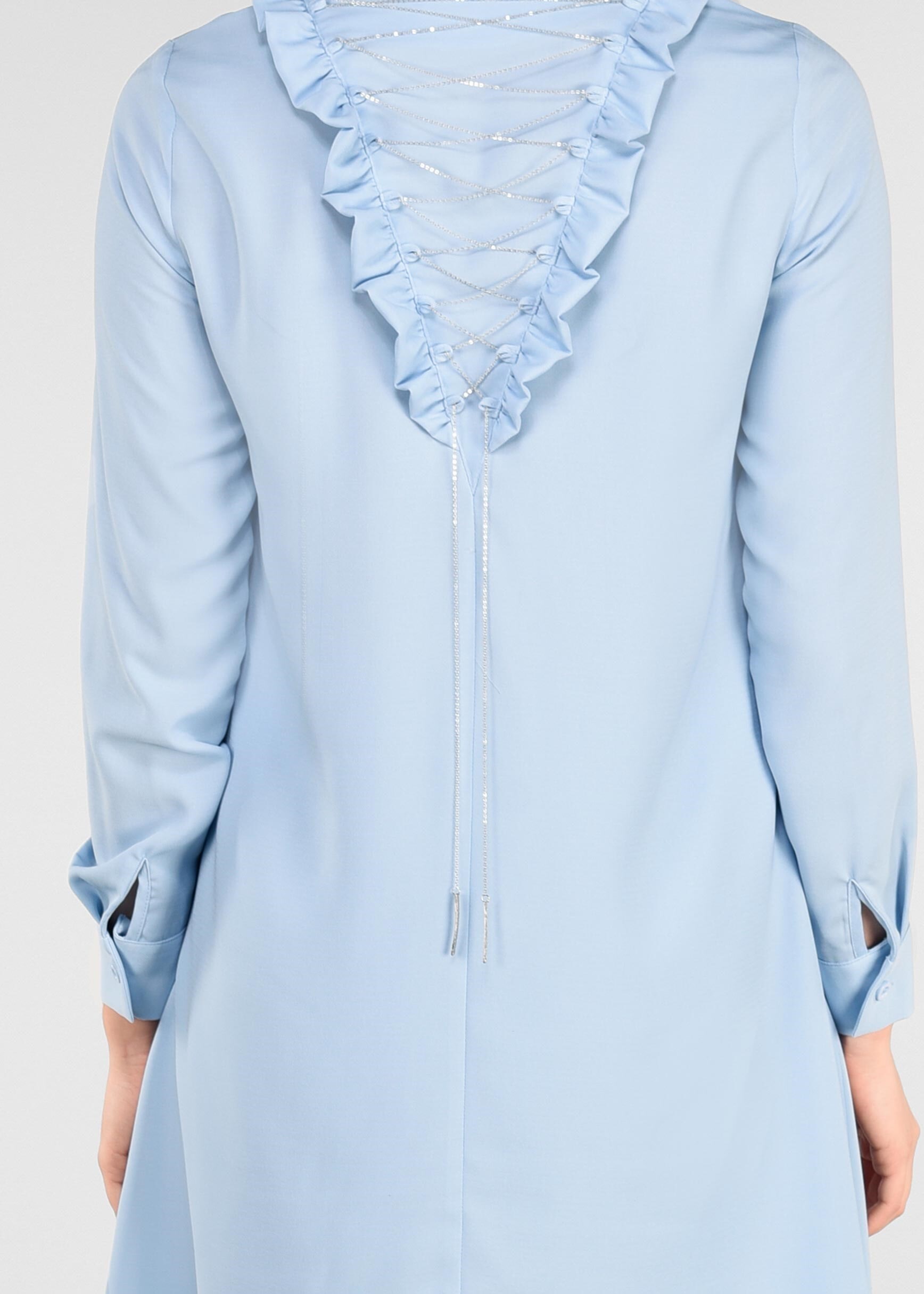 Tesettür giyim MAVİ SIRT KISMI FIRFIR VE BAĞCIK DETAYLI 2&prime;Lİ PANTOLONLU TAKIM 4008