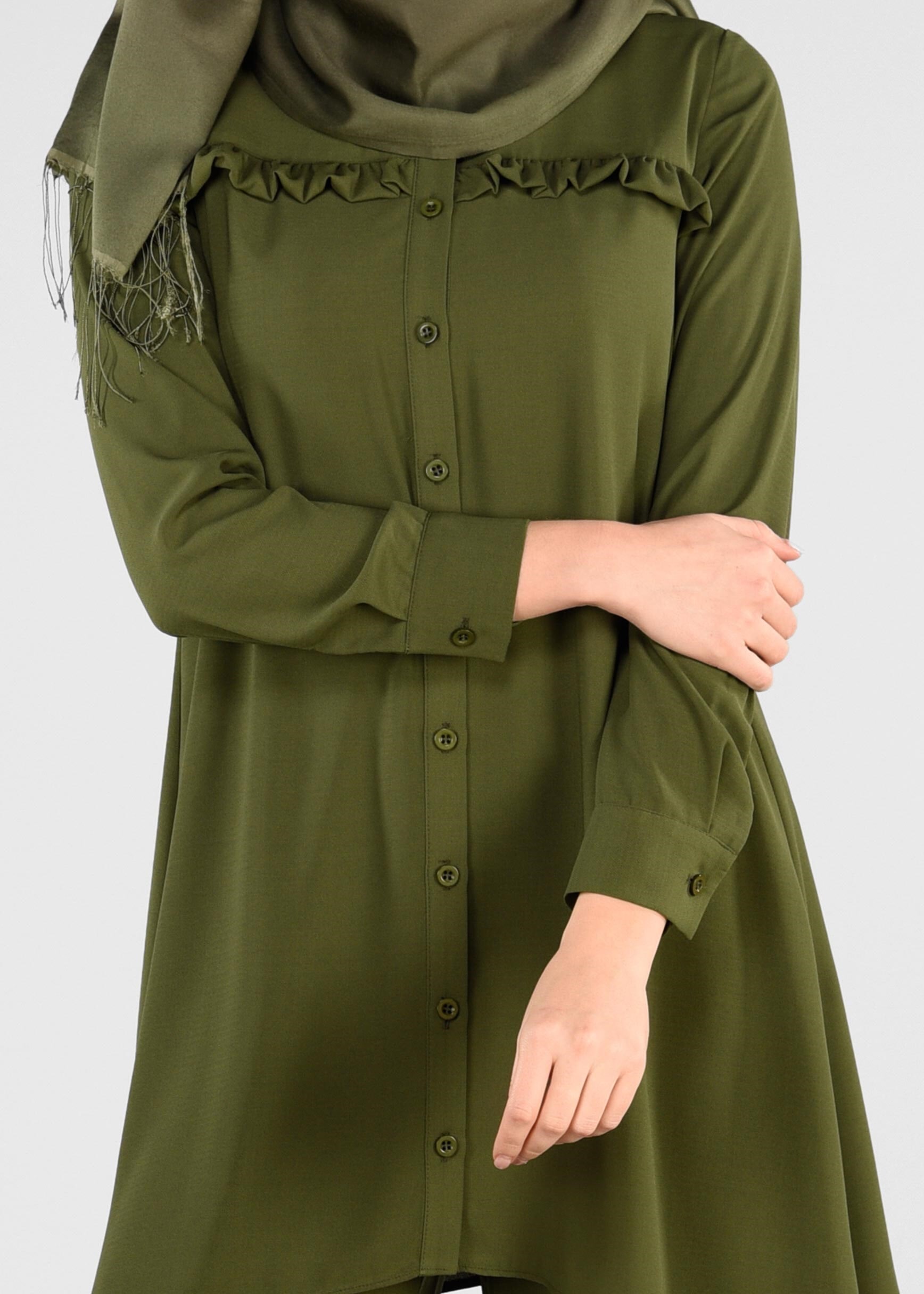 Tesettür giyim HAKİ SIRT KISMI FIRFIR VE BAĞCIK DETAYLI 2&prime;Lİ PANTOLONLU TAKIM 4008