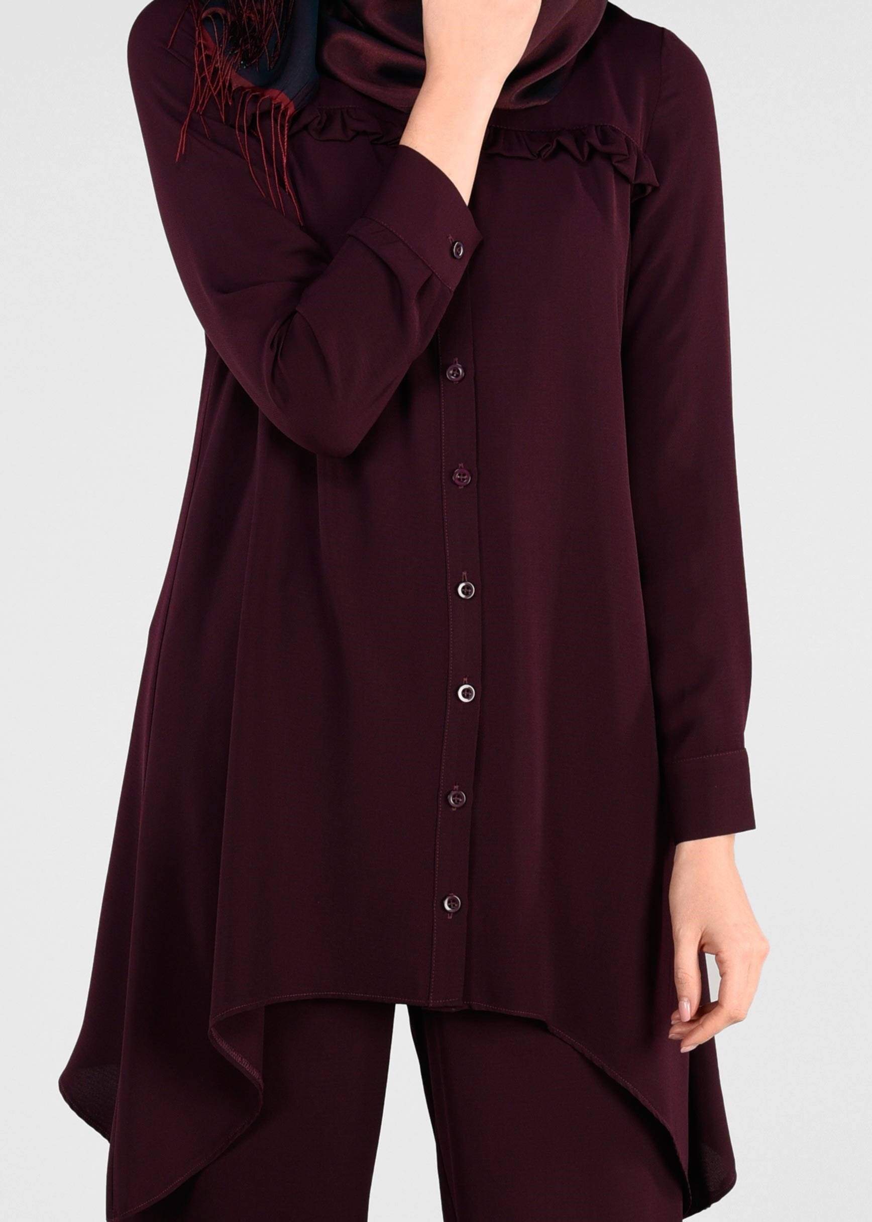 Tesettür giyim BORDO SIRT KISMI FIRFIR VE BAĞCIK DETAYLI 2&prime;Lİ PANTOLONLU TAKIM 4008