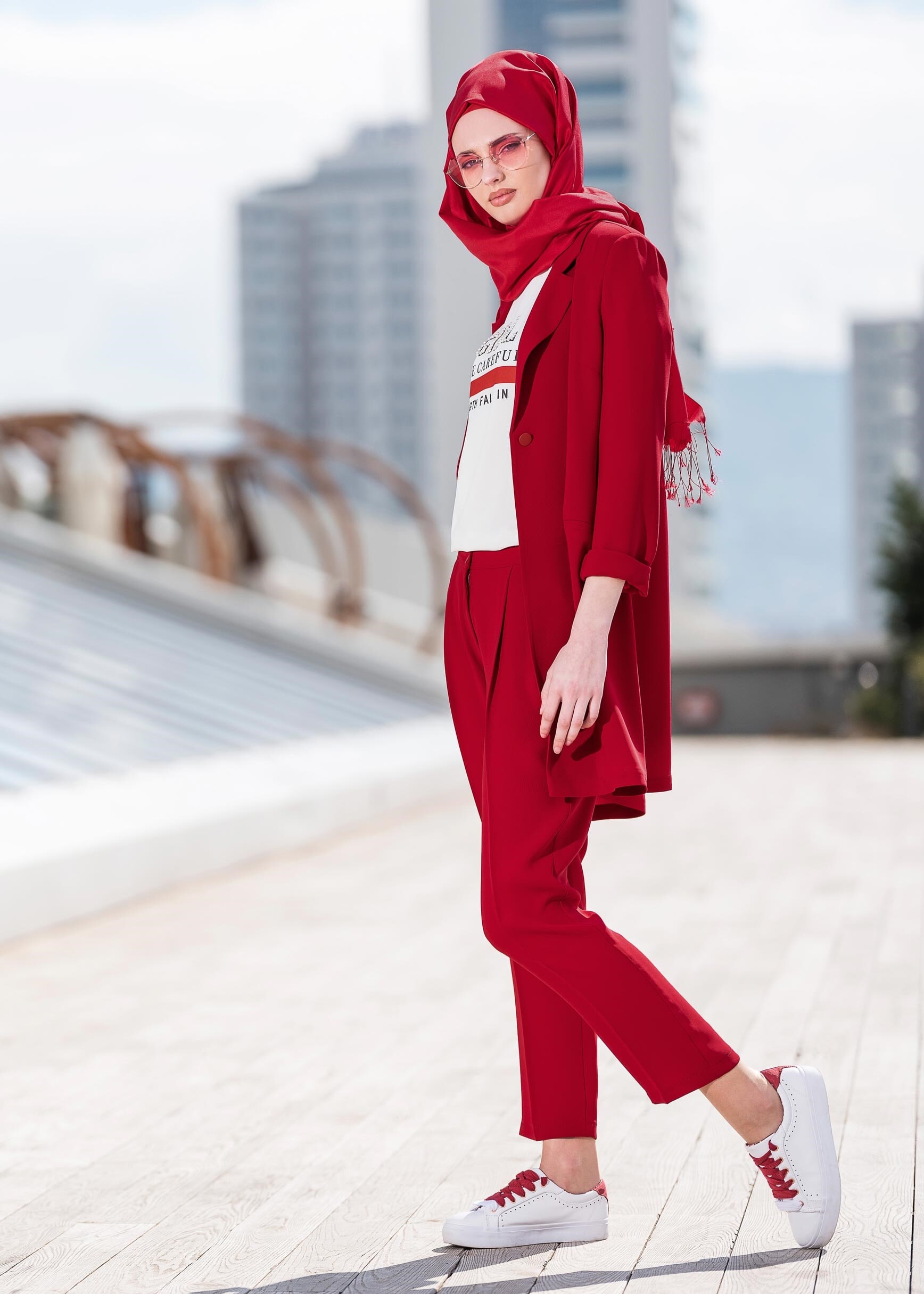 Tesettür giyim BORDO KRUVAZE YAKA KLASİK 3&prime;LÜ PANTOLONLU TAKIM 4160