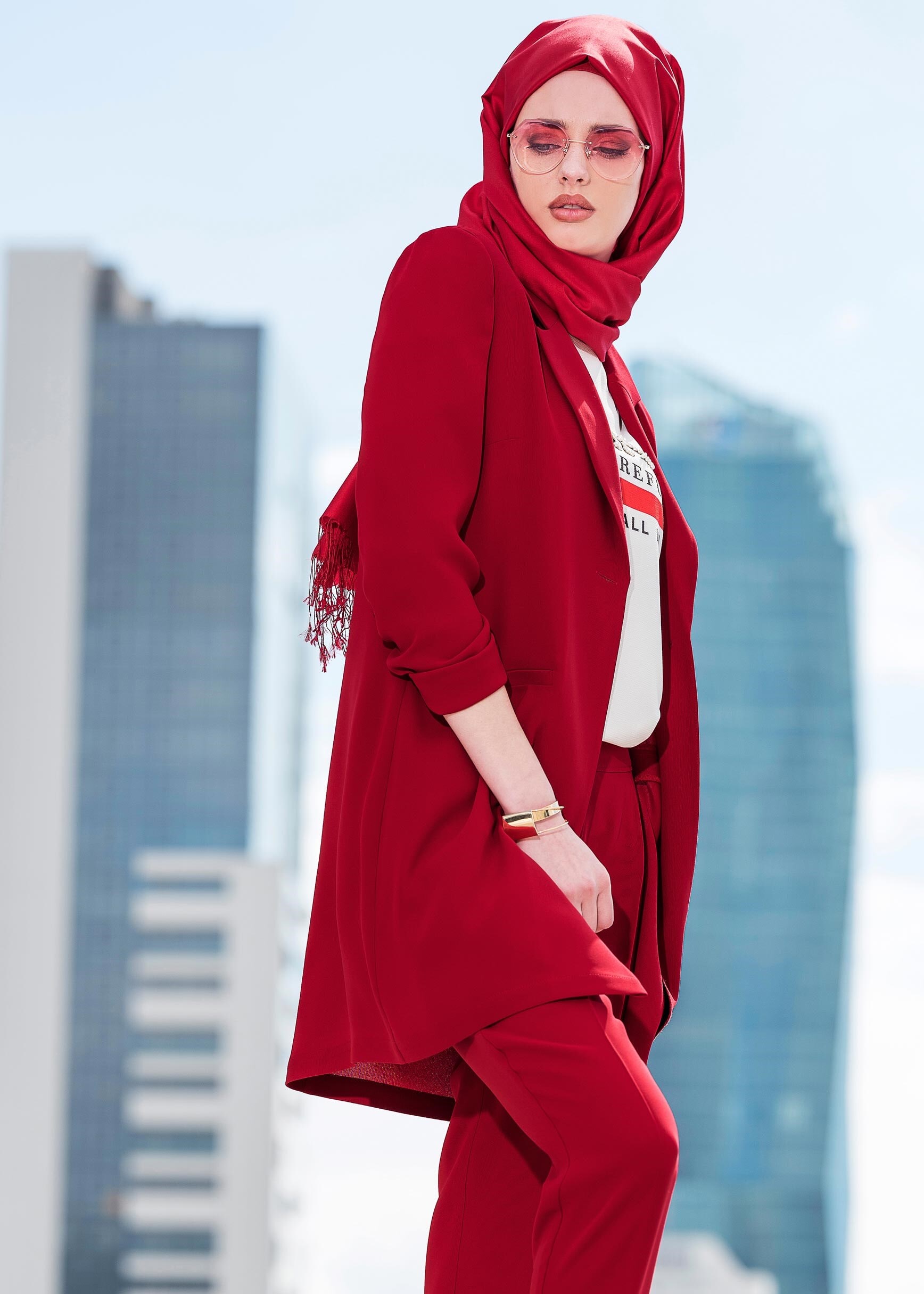 Tesettür giyim BORDO KRUVAZE YAKA KLASİK 3&prime;LÜ PANTOLONLU TAKIM 4160