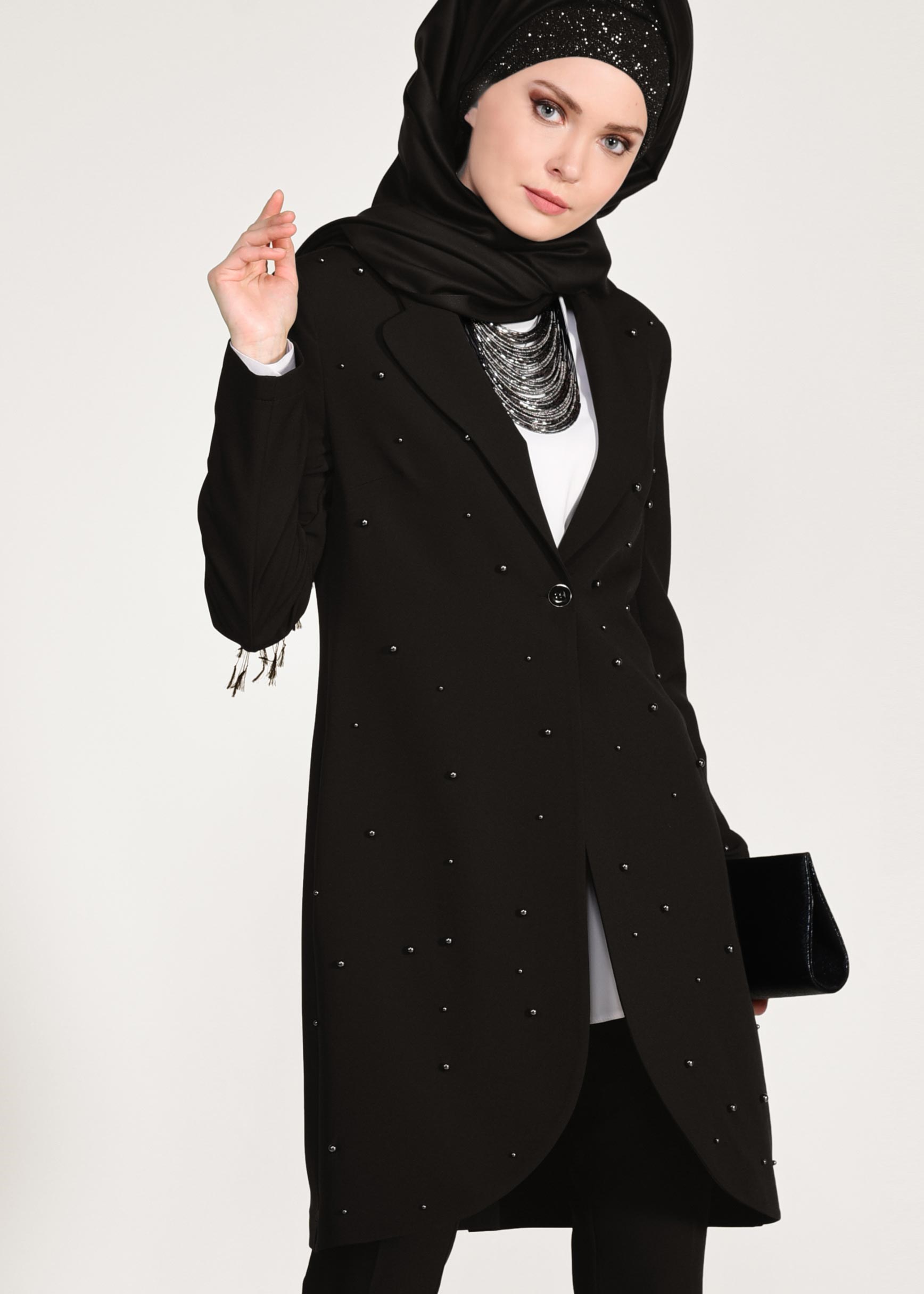 Tesettür giyim SİYAH İNCİ İŞLEMELİ KLASİK 2&prime;Lİ PANTOLONLU TAKIM 4161