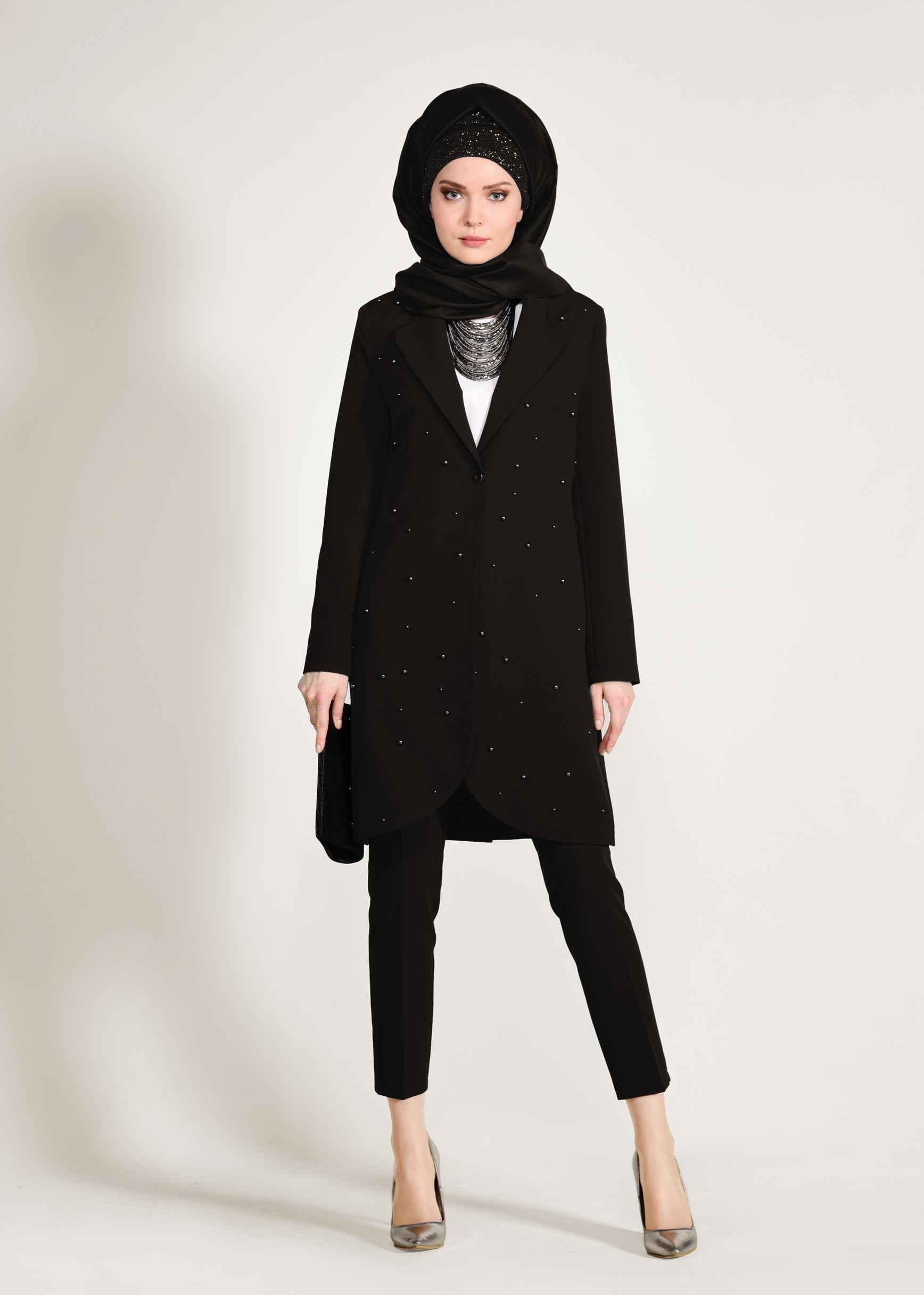 Tesettür giyim SİYAH İNCİ İŞLEMELİ KLASİK 2&prime;Lİ PANTOLONLU TAKIM 4161
