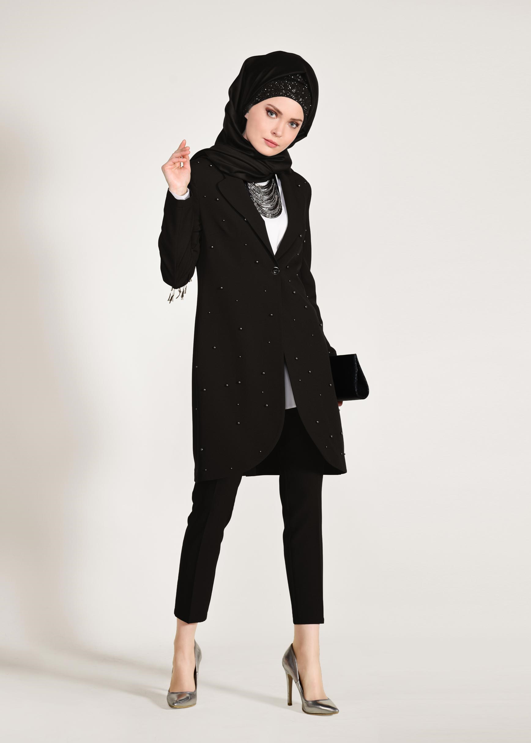 Tesettür giyim SİYAH İNCİ İŞLEMELİ KLASİK 2&prime;Lİ PANTOLONLU TAKIM 4161
