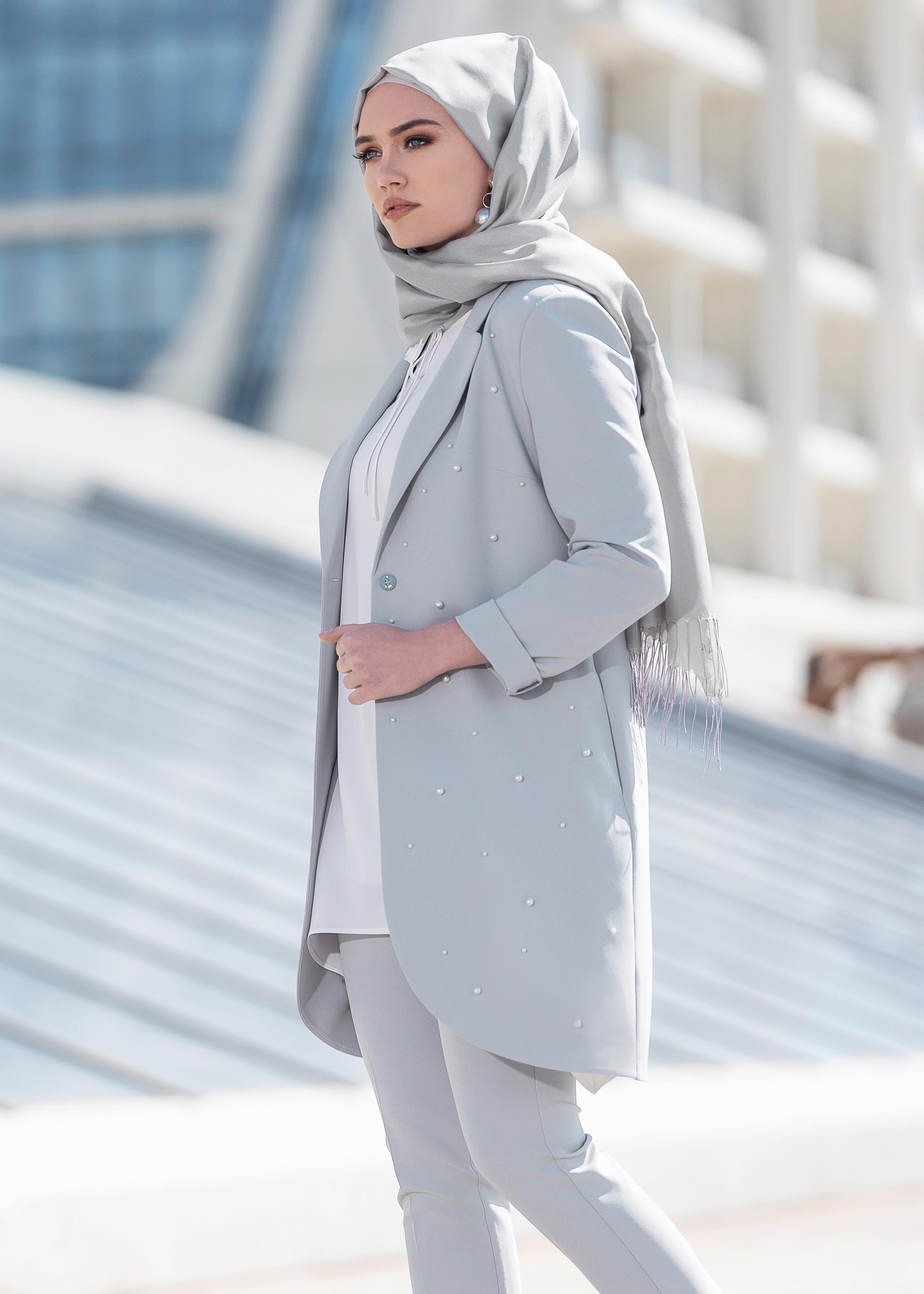 Tesettür giyim GÜMÜŞ İNCİ İŞLEMELİ KLASİK 2&prime;Lİ PANTOLONLU TAKIM 4161