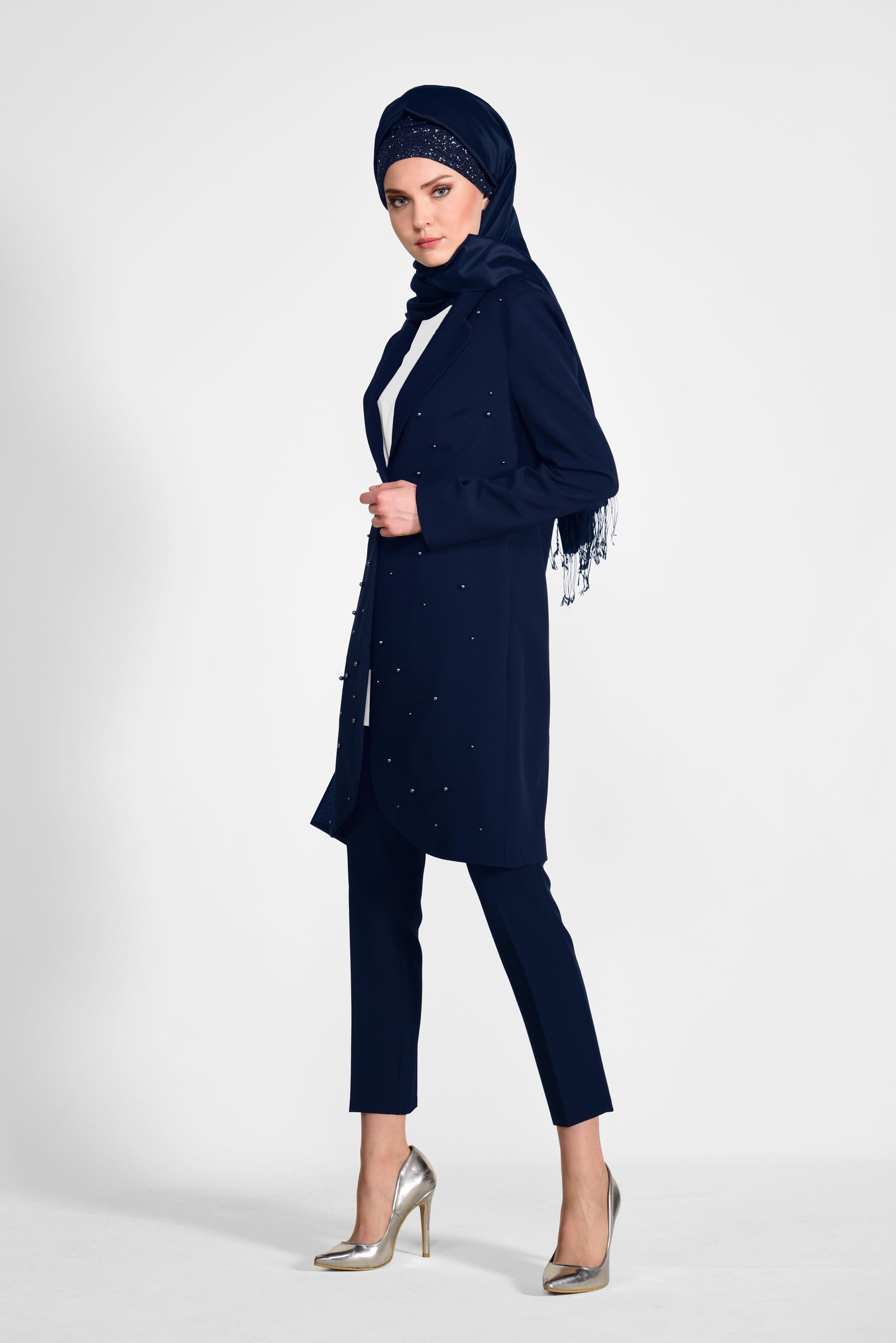 Tesettür giyim LACİVERT İNCİ İŞLEMELİ KLASİK 2&prime;Lİ PANTOLONLU TAKIM 4161