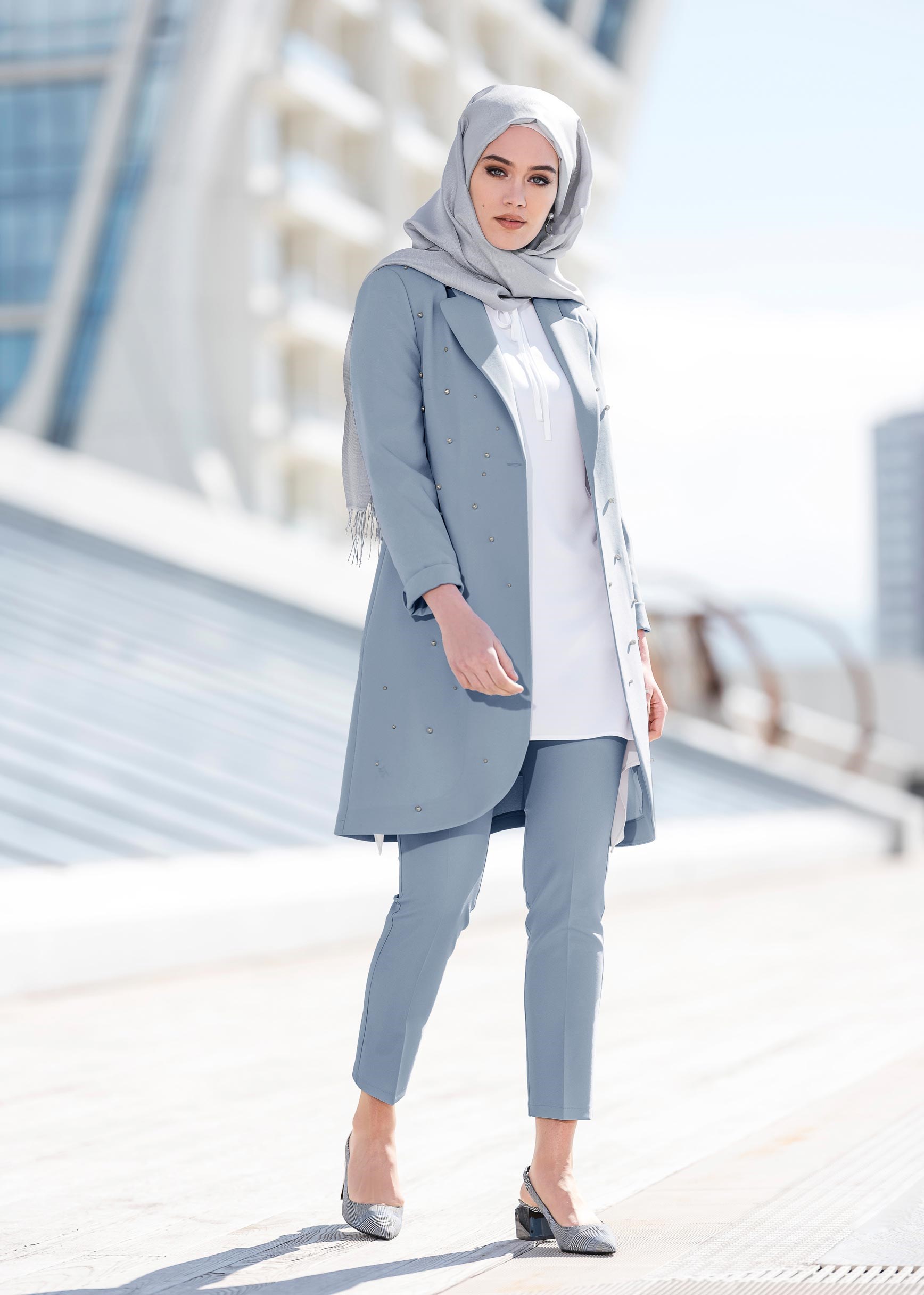 Tesettür giyim MAVİ İNCİ İŞLEMELİ KLASİK 2&prime;Lİ PANTOLONLU TAKIM 4161