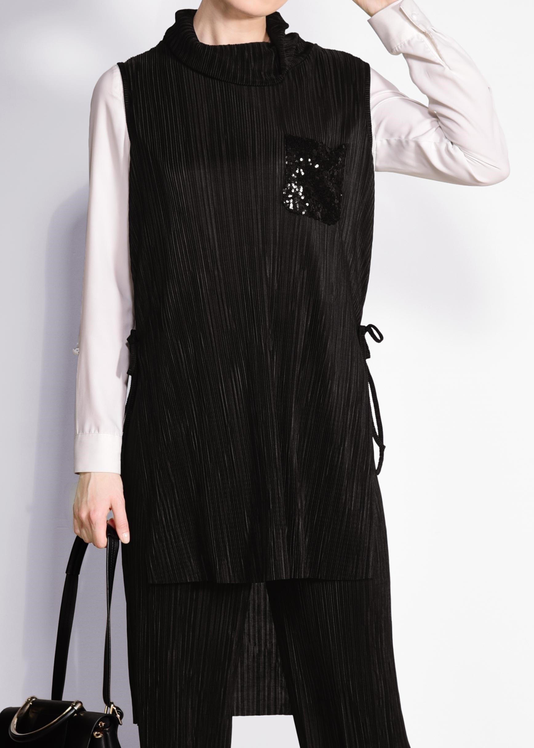 Tesettür giyim SİYAH PİLİSELİ PULLU 2&prime;Lİ PANT.TAKIM 4250