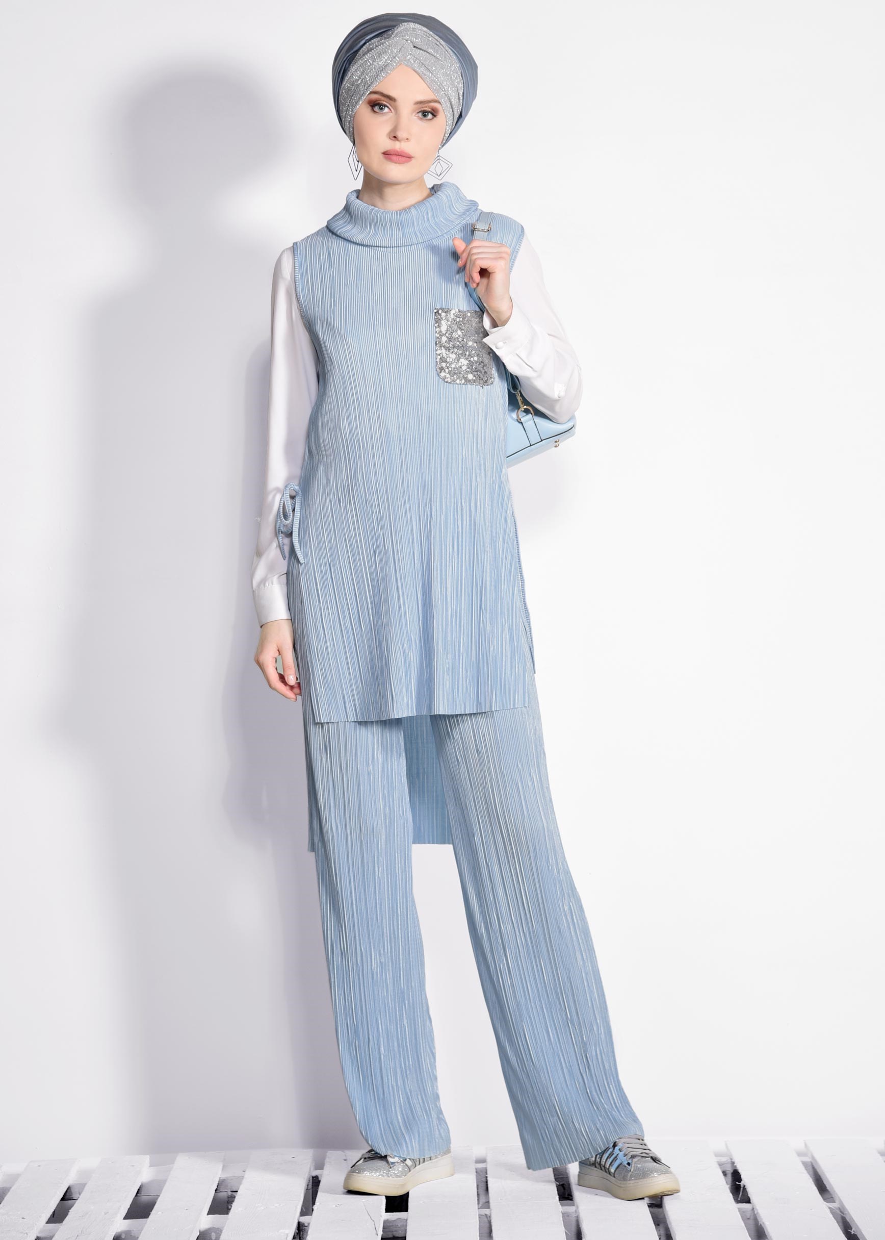Tesettür giyim MAVİ PİLİSELİ PULLU 2&prime;Lİ PANT.TAKIM 4250