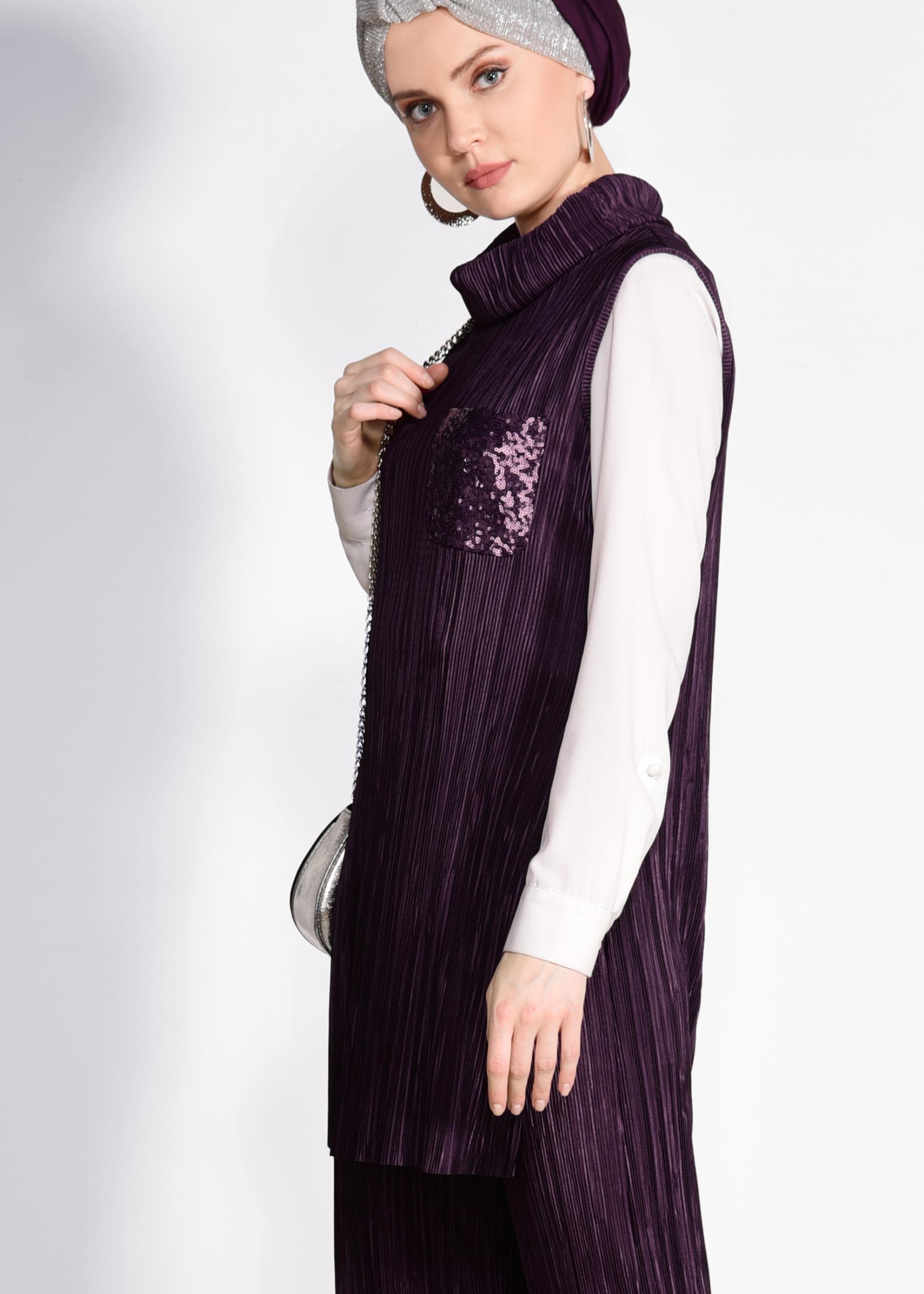 Tesettür giyim MOR PİLİSELİ PULLU 2&prime;Lİ PANT.TAKIM 4250