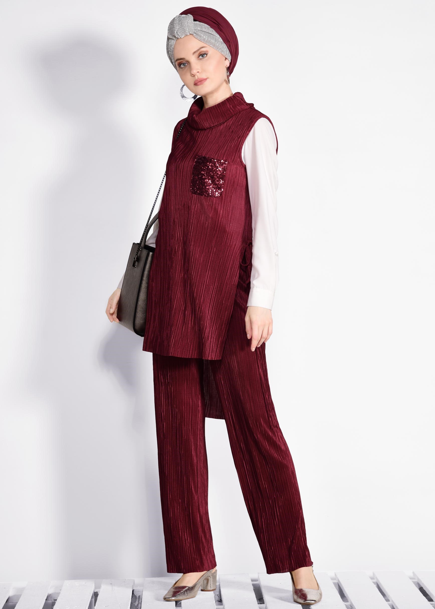 Tesettür giyim BORDO PİLİSELİ PULLU 2&prime;Lİ PANT.TAKIM 4250