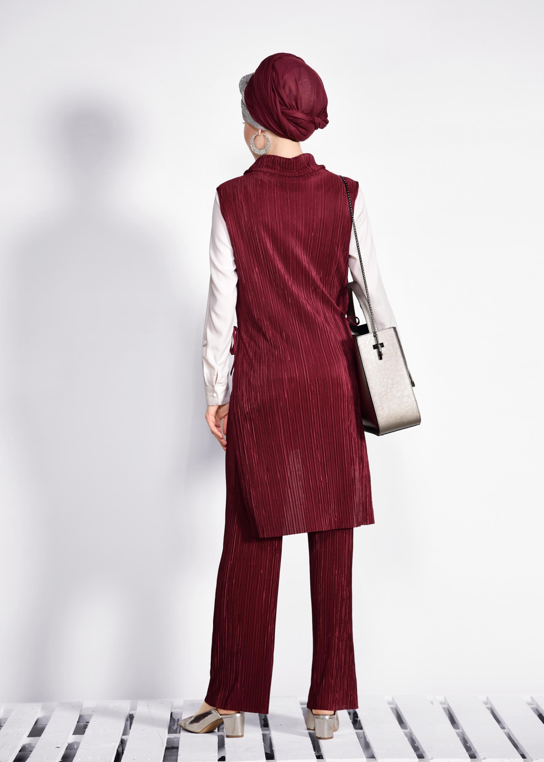 Tesettür giyim BORDO PİLİSELİ PULLU 2&prime;Lİ PANT.TAKIM 4250