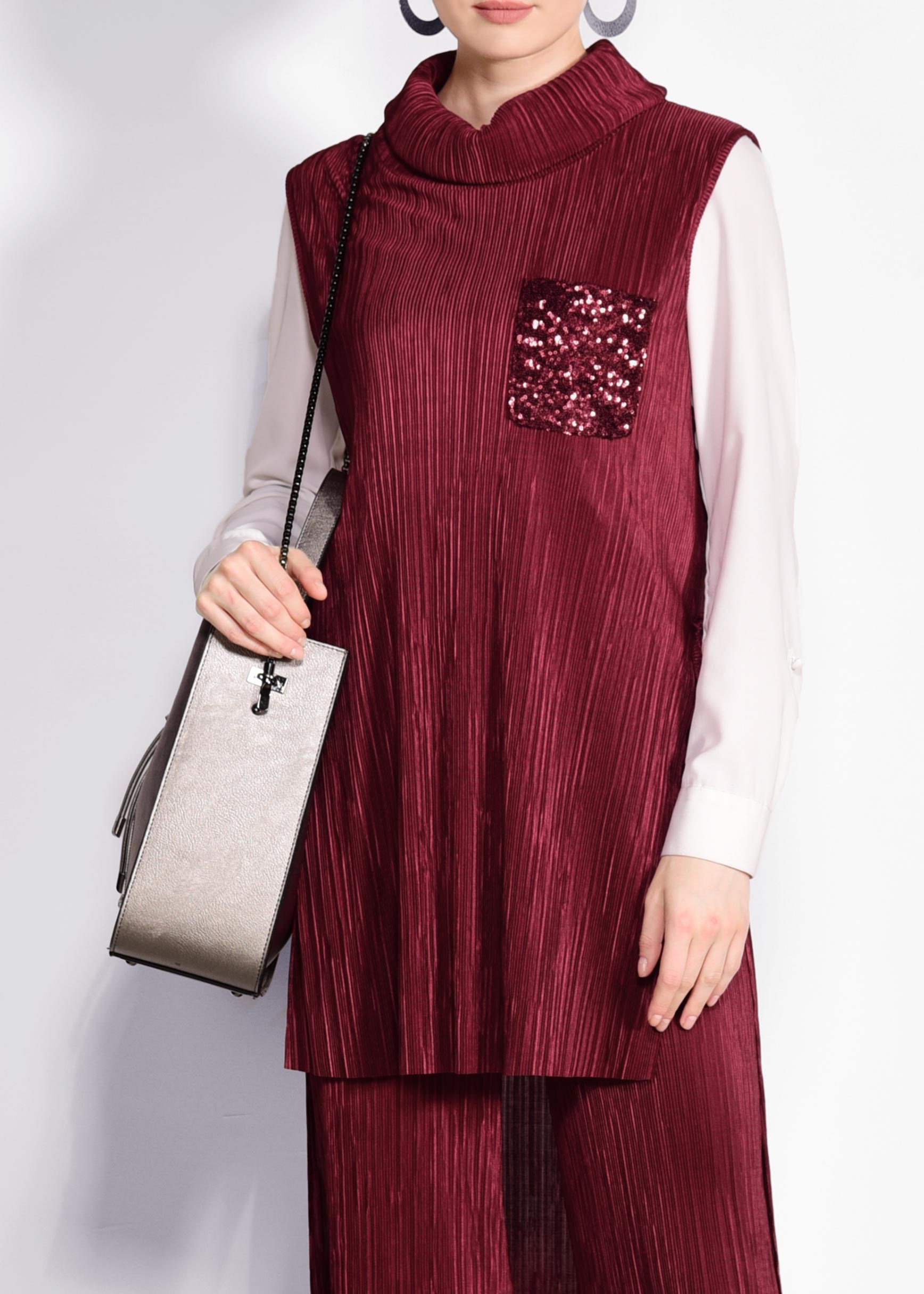 Tesettür giyim BORDO PİLİSELİ PULLU 2&prime;Lİ PANT.TAKIM 4250