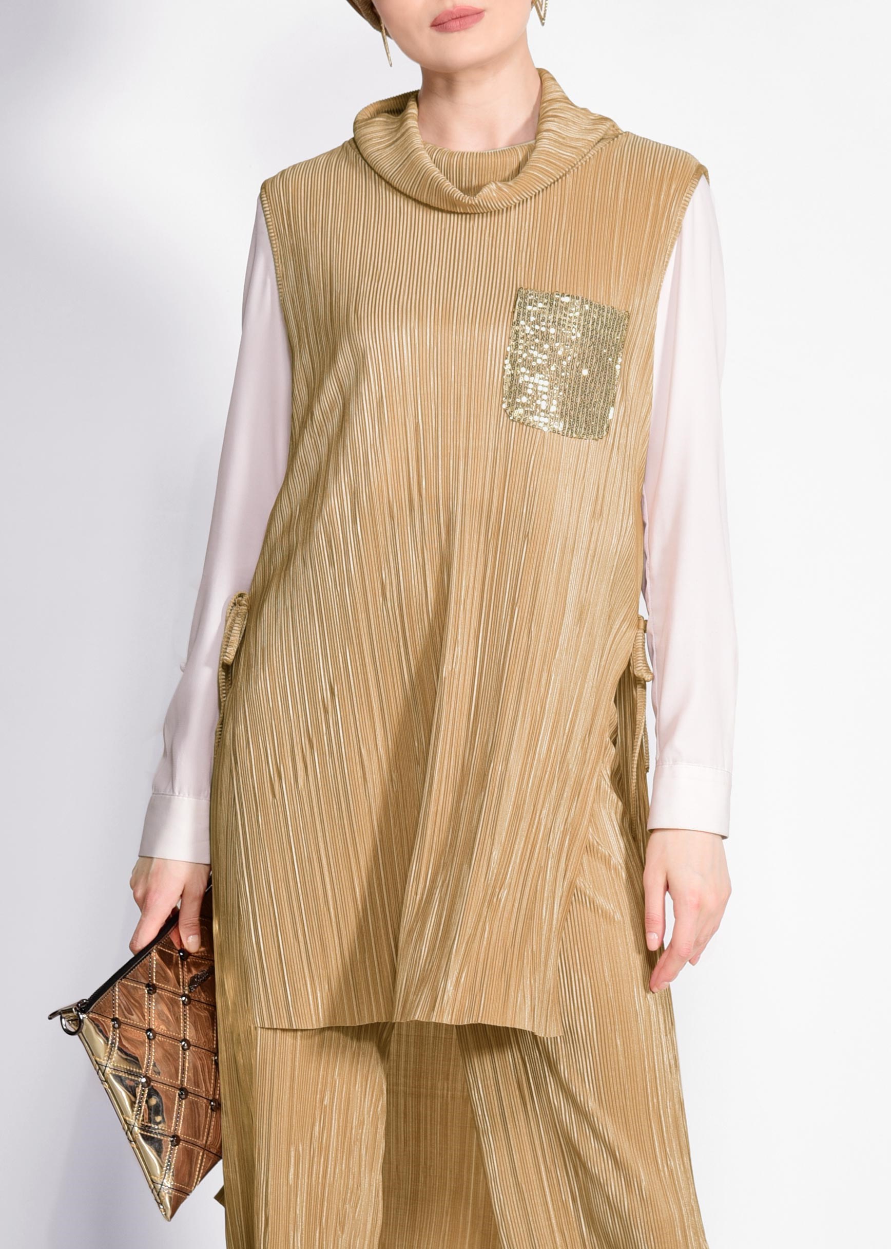 Tesettür giyim ALTIN PİLİSELİ PULLU 2&prime;Lİ PANT.TAKIM 4250