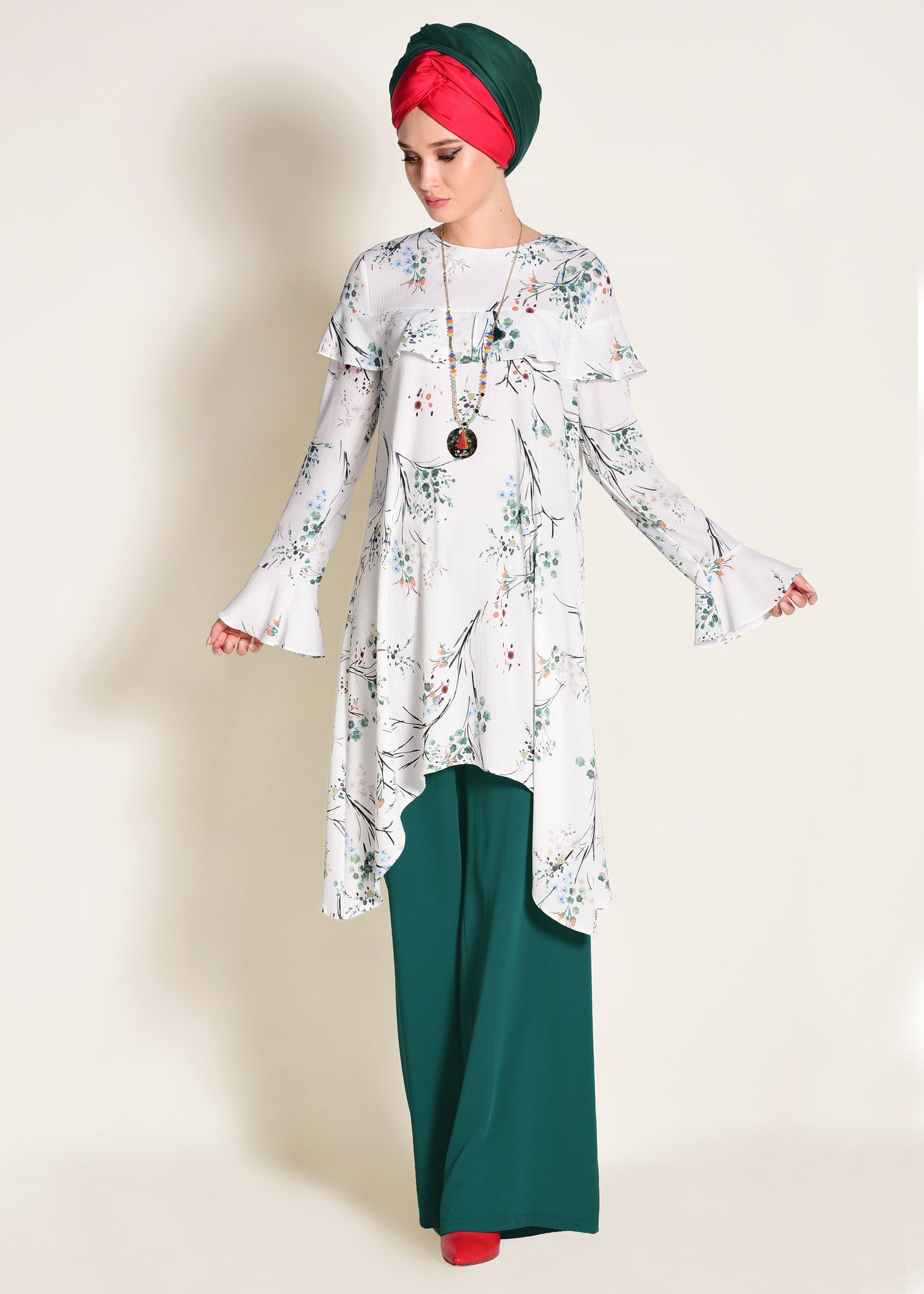 Tesettür giyim YEŞİL FIRFIR DETAYLI ÇİÇEK DESENLİ 2Lİ PANTOLONLU TAKIM 4353