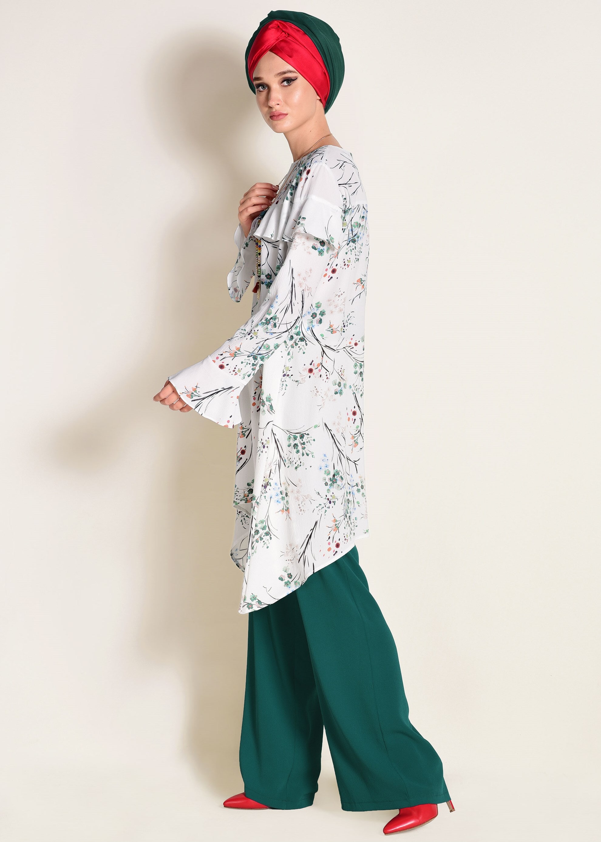 Tesettür giyim YEŞİL FIRFIR DETAYLI ÇİÇEK DESENLİ 2Lİ PANTOLONLU TAKIM 4353