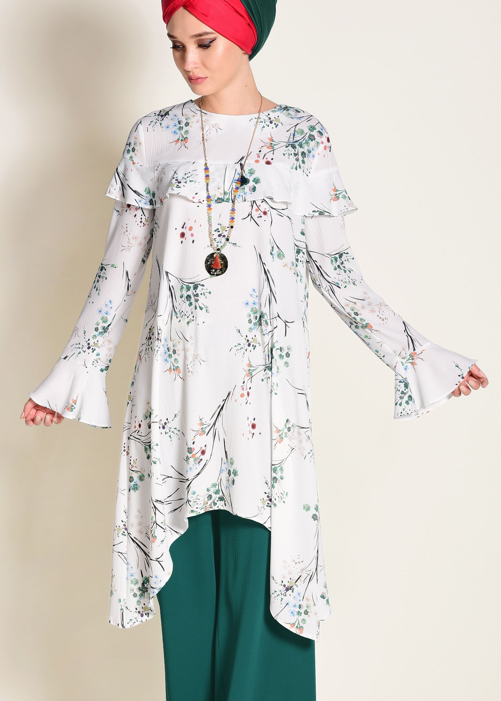 Tesettür giyim YEŞİL FIRFIR DETAYLI ÇİÇEK DESENLİ 2Lİ PANTOLONLU TAKIM 4353