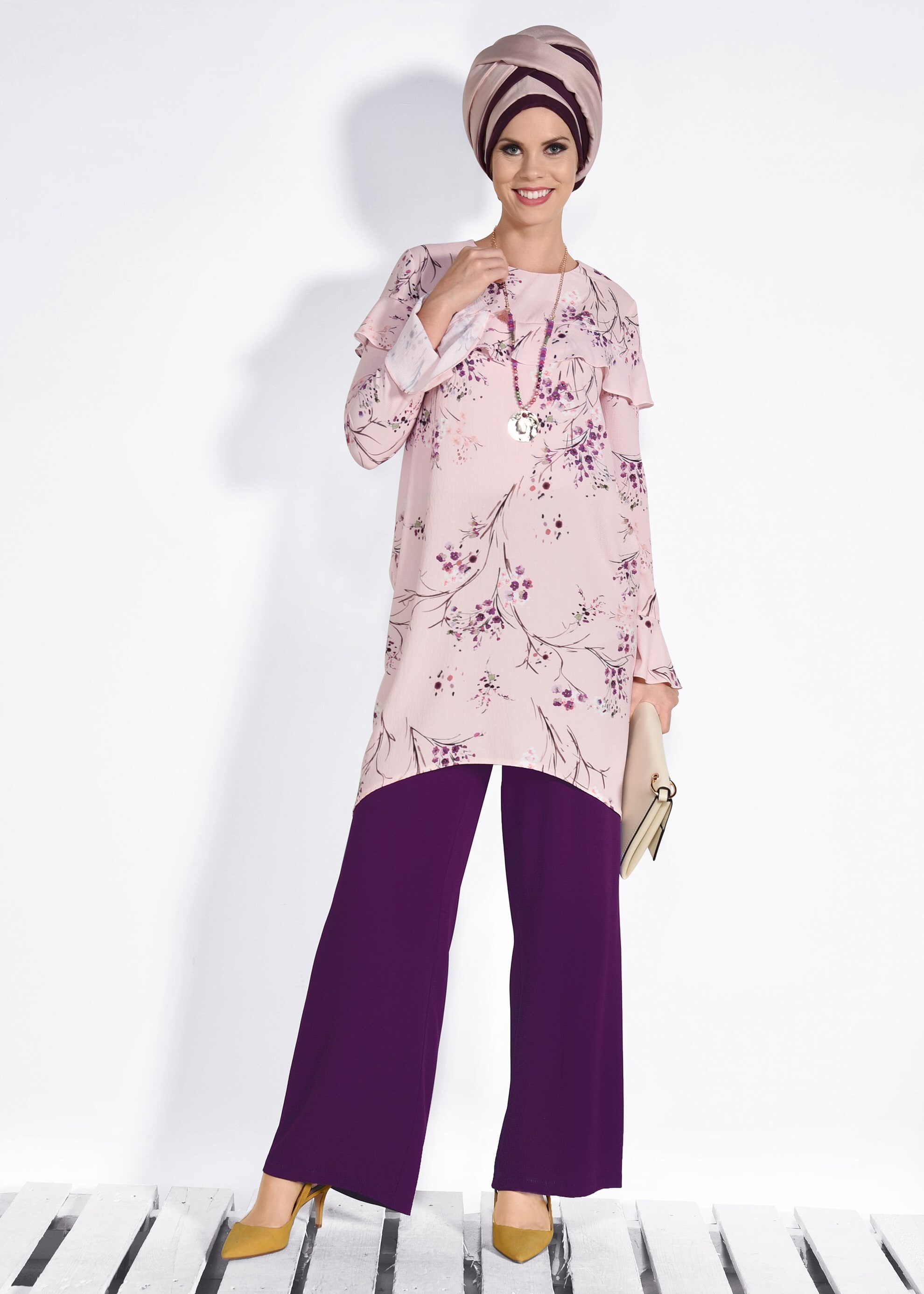 Tesettür giyim PUDRA FIRFIR DETAYLI ÇİÇEK DESENLİ 2Lİ PANTOLONLU TAKIM 4353