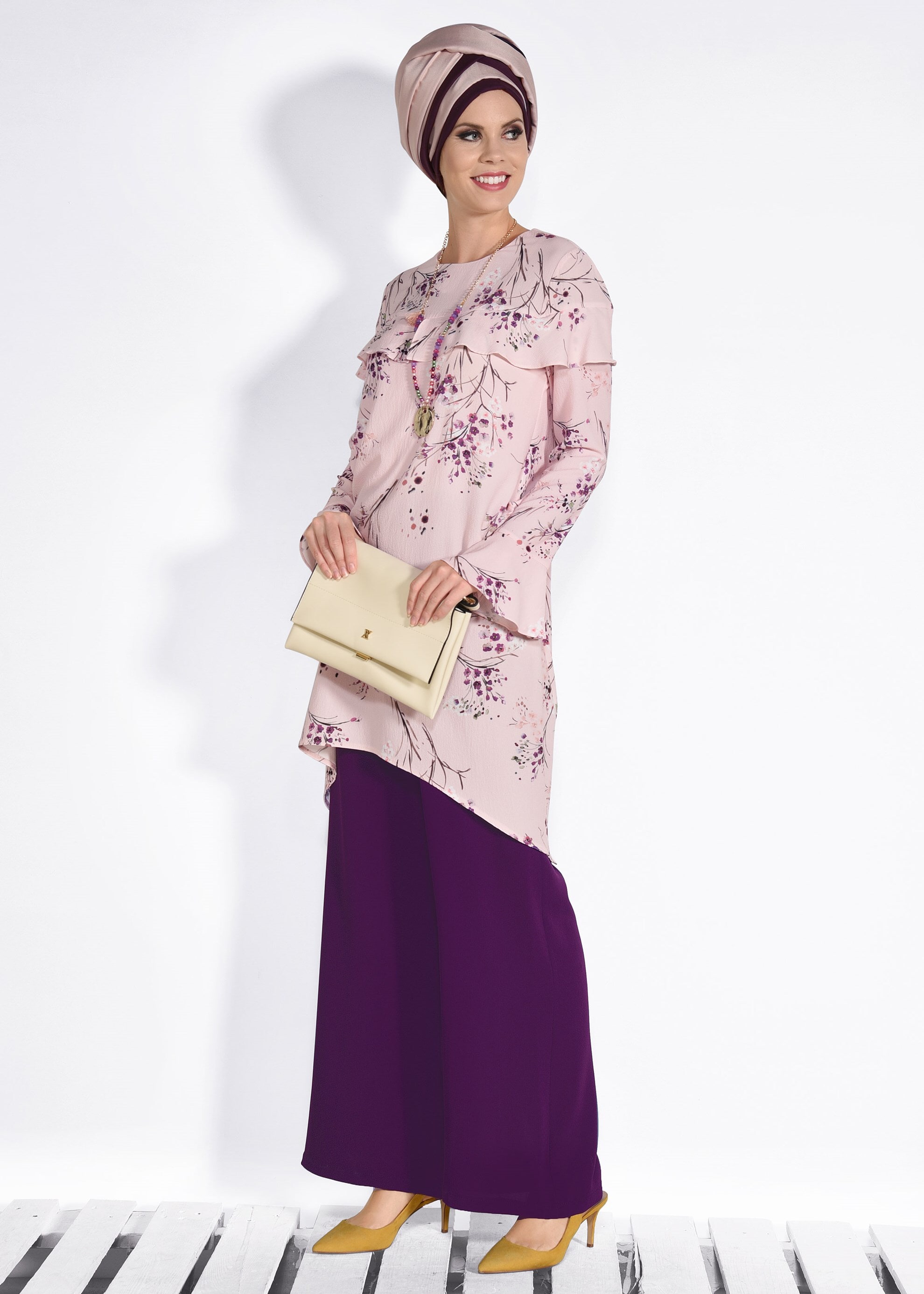 Tesettür giyim PUDRA FIRFIR DETAYLI ÇİÇEK DESENLİ 2Lİ PANTOLONLU TAKIM 4353