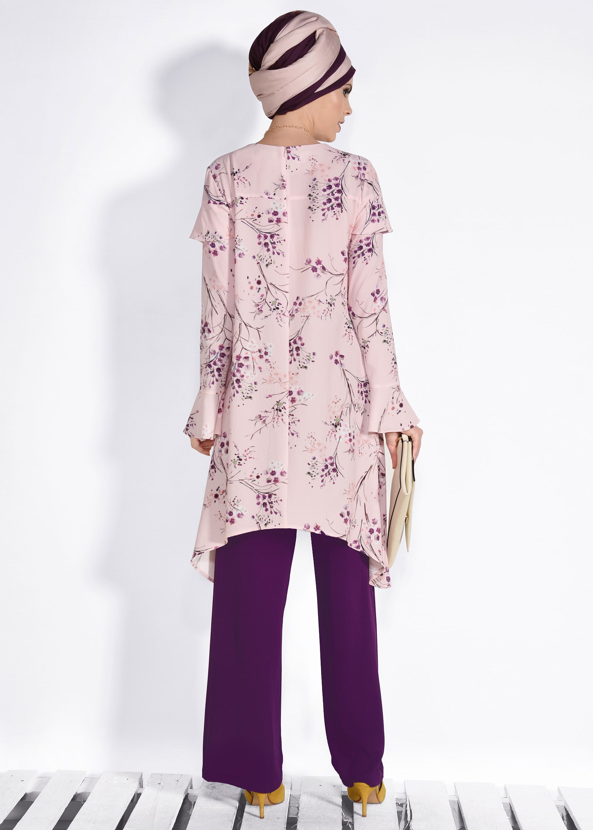 Tesettür giyim PUDRA FIRFIR DETAYLI ÇİÇEK DESENLİ 2Lİ PANTOLONLU TAKIM 4353