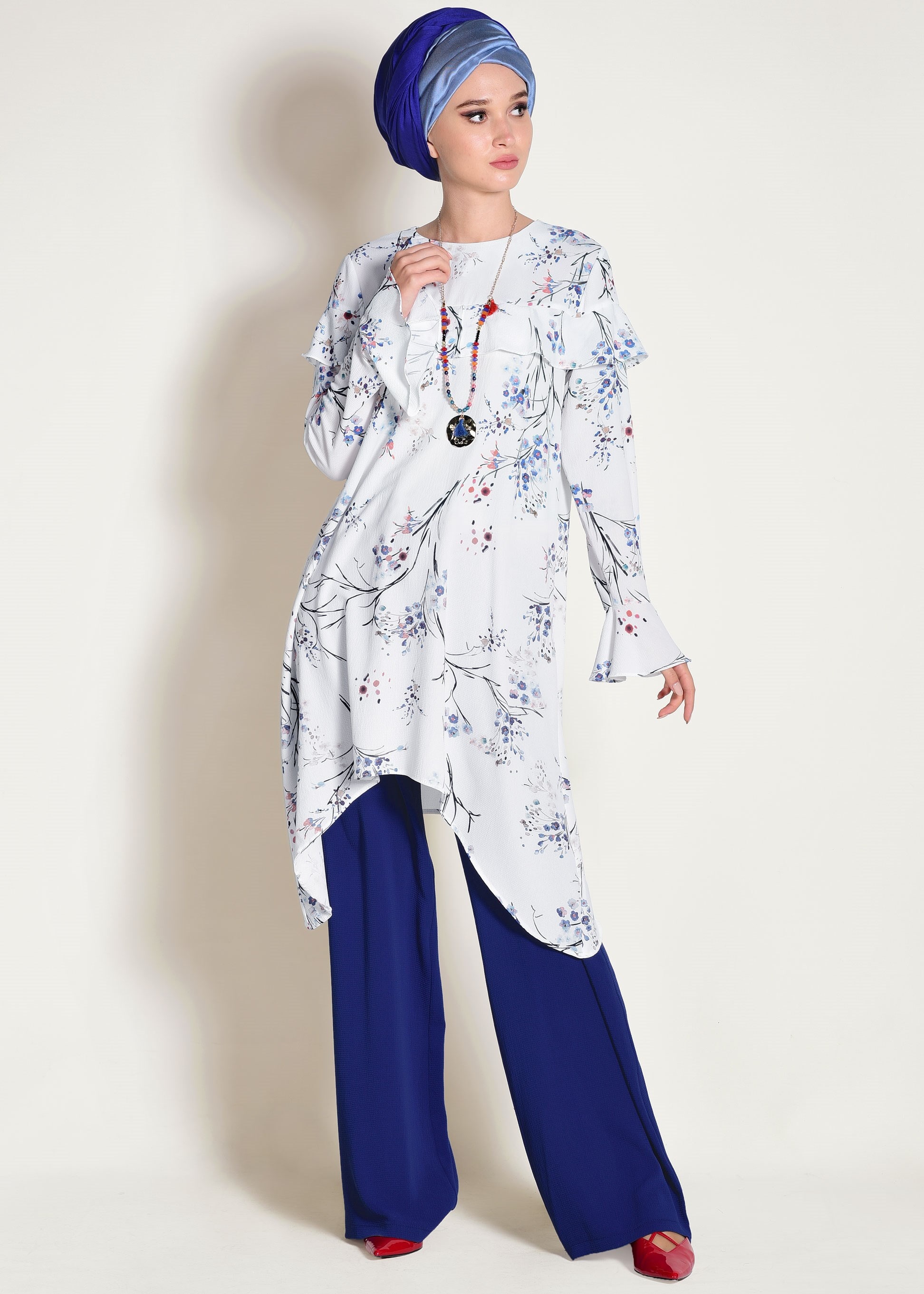 Tesettür giyim LACİVERT FIRFIR DETAYLI ÇİÇEK DESENLİ 2Lİ PANTOLONLU TAKIM 4353