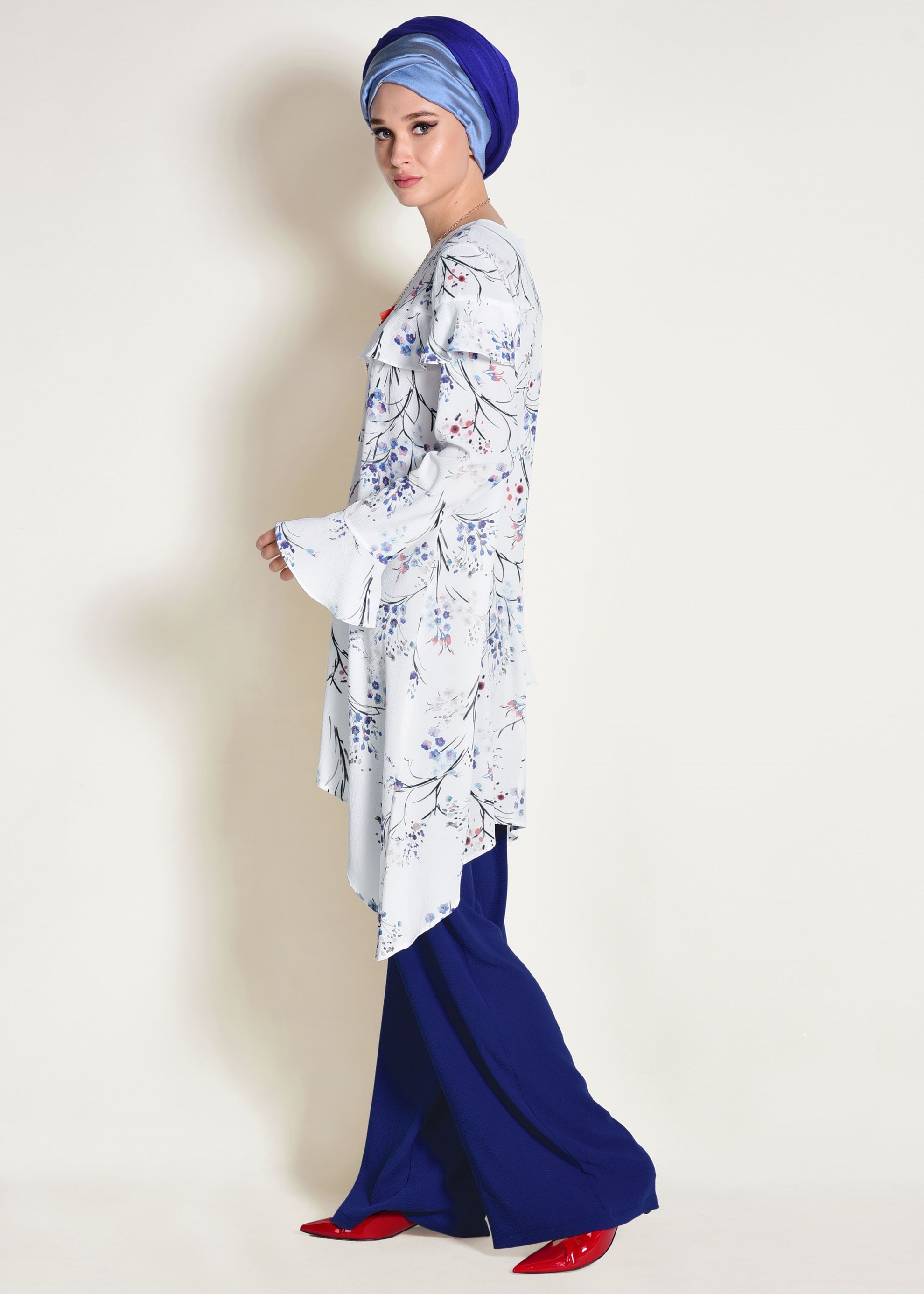 Tesettür giyim LACİVERT FIRFIR DETAYLI ÇİÇEK DESENLİ 2Lİ PANTOLONLU TAKIM 4353