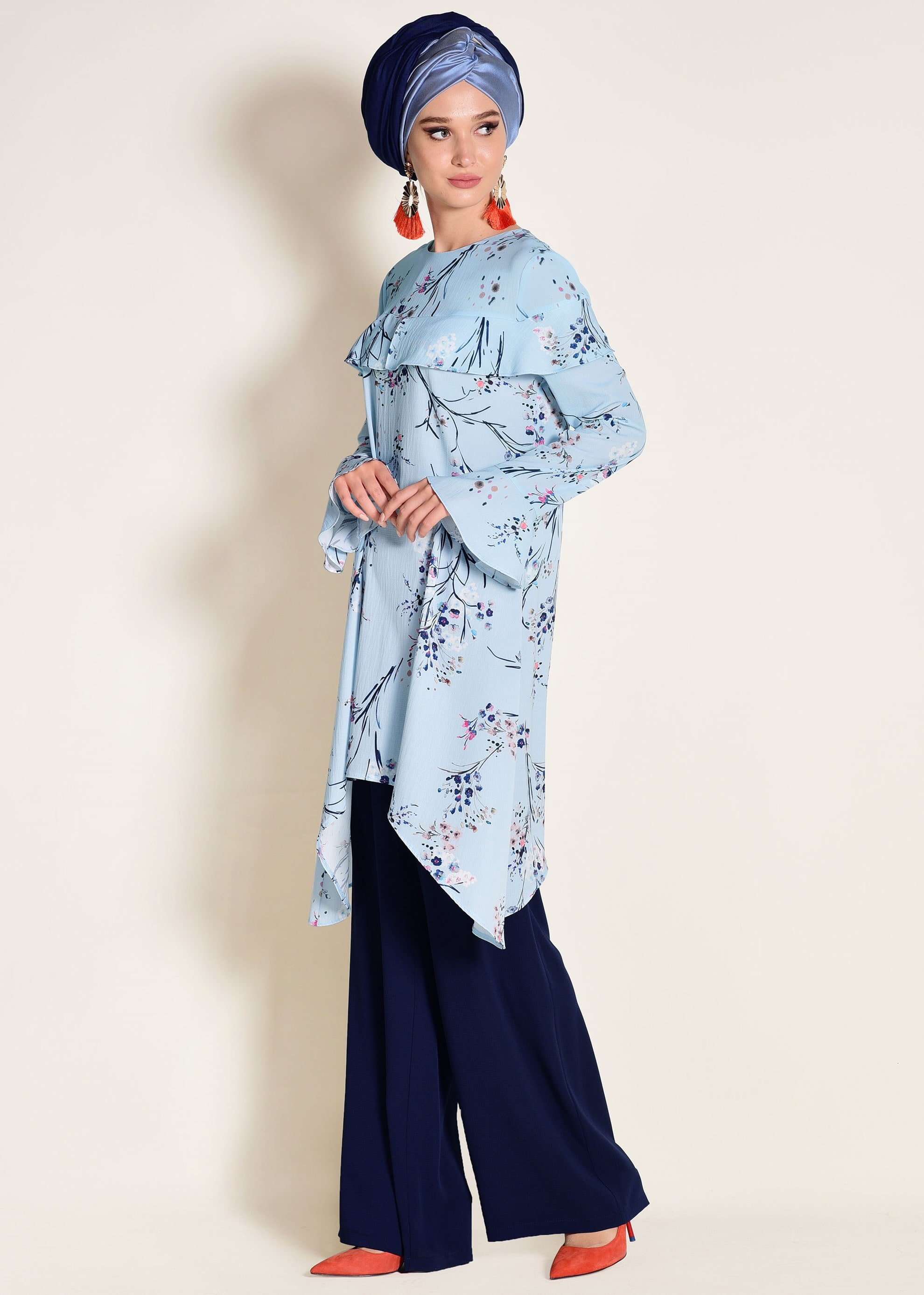 Tesettür giyim MAVİ FIRFIR DETAYLI ÇİÇEK DESENLİ 2Lİ PANTOLONLU TAKIM 4353