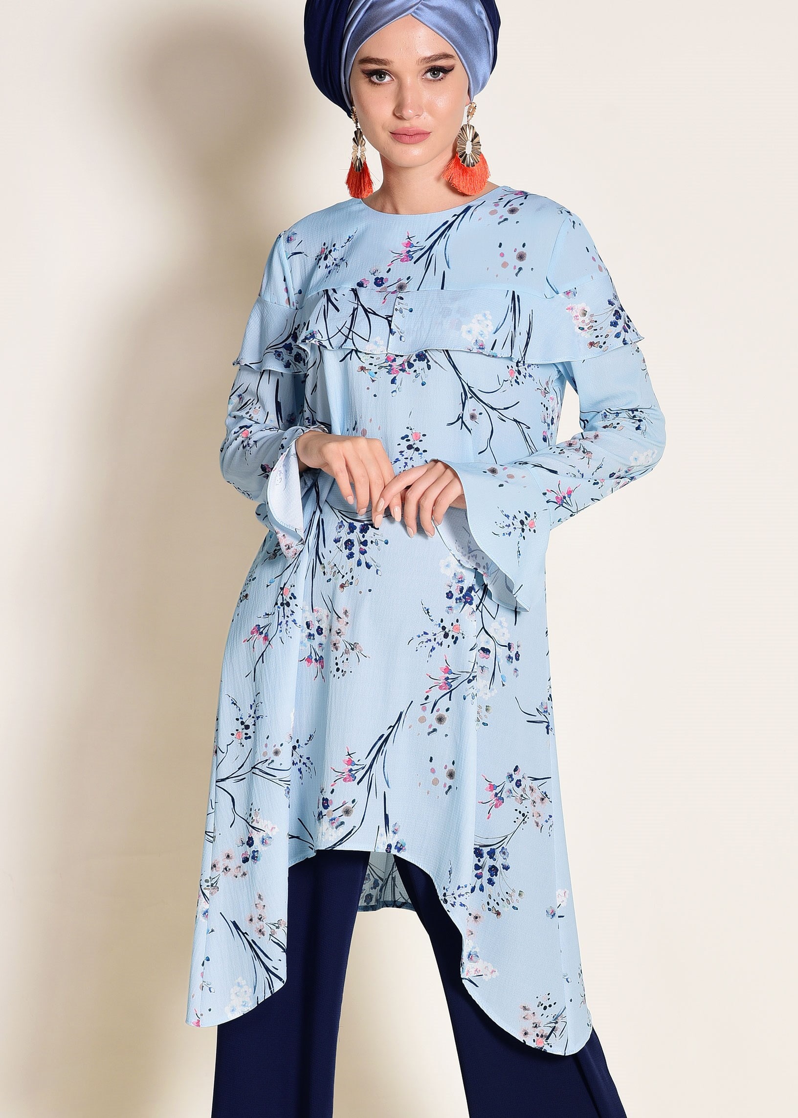 Tesettür giyim MAVİ FIRFIR DETAYLI ÇİÇEK DESENLİ 2Lİ PANTOLONLU TAKIM 4353