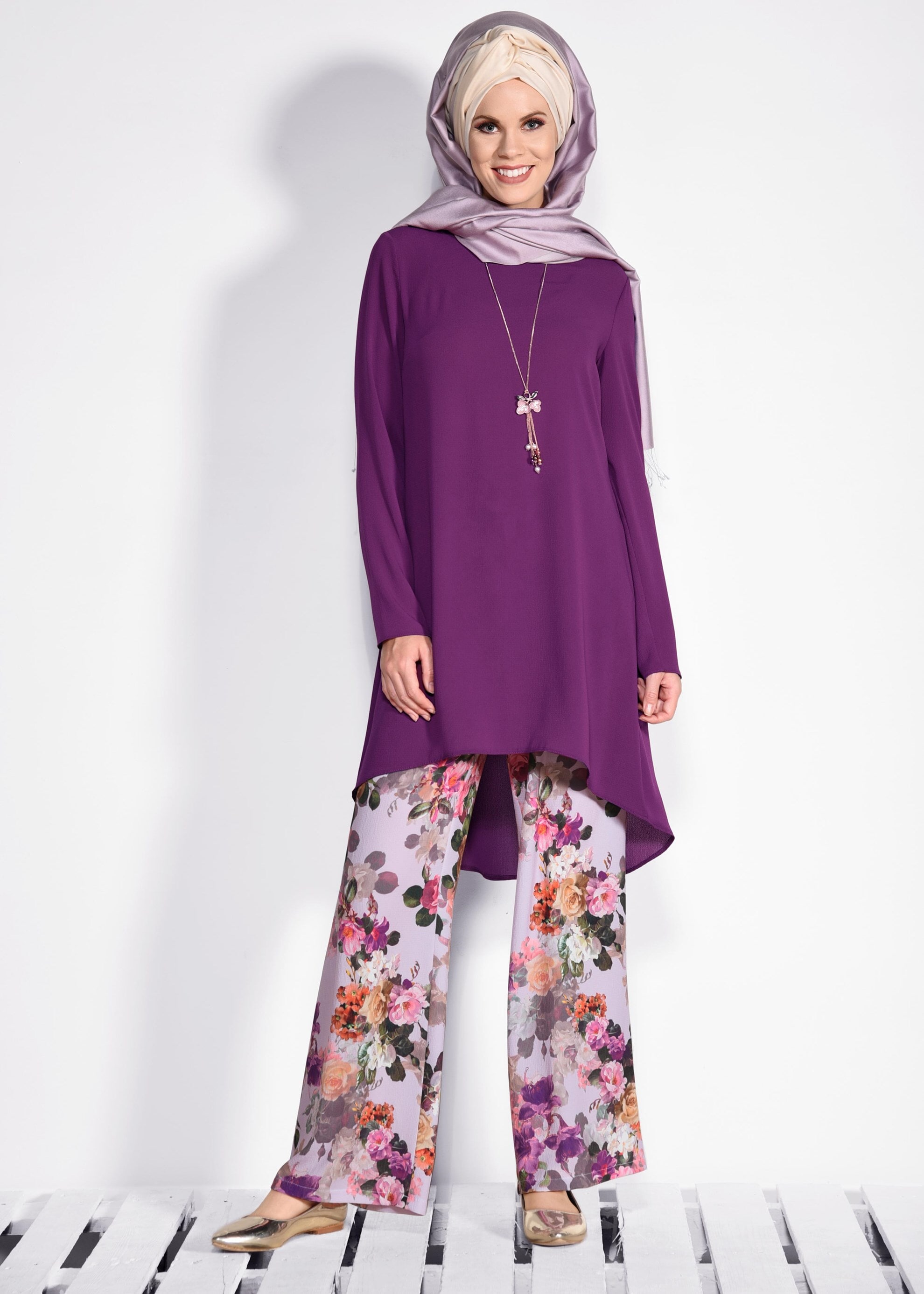 Tesettür giyim MOR ÇİÇEK DESENLİ 2&prime;Lİ PANT.TAKIM 4372