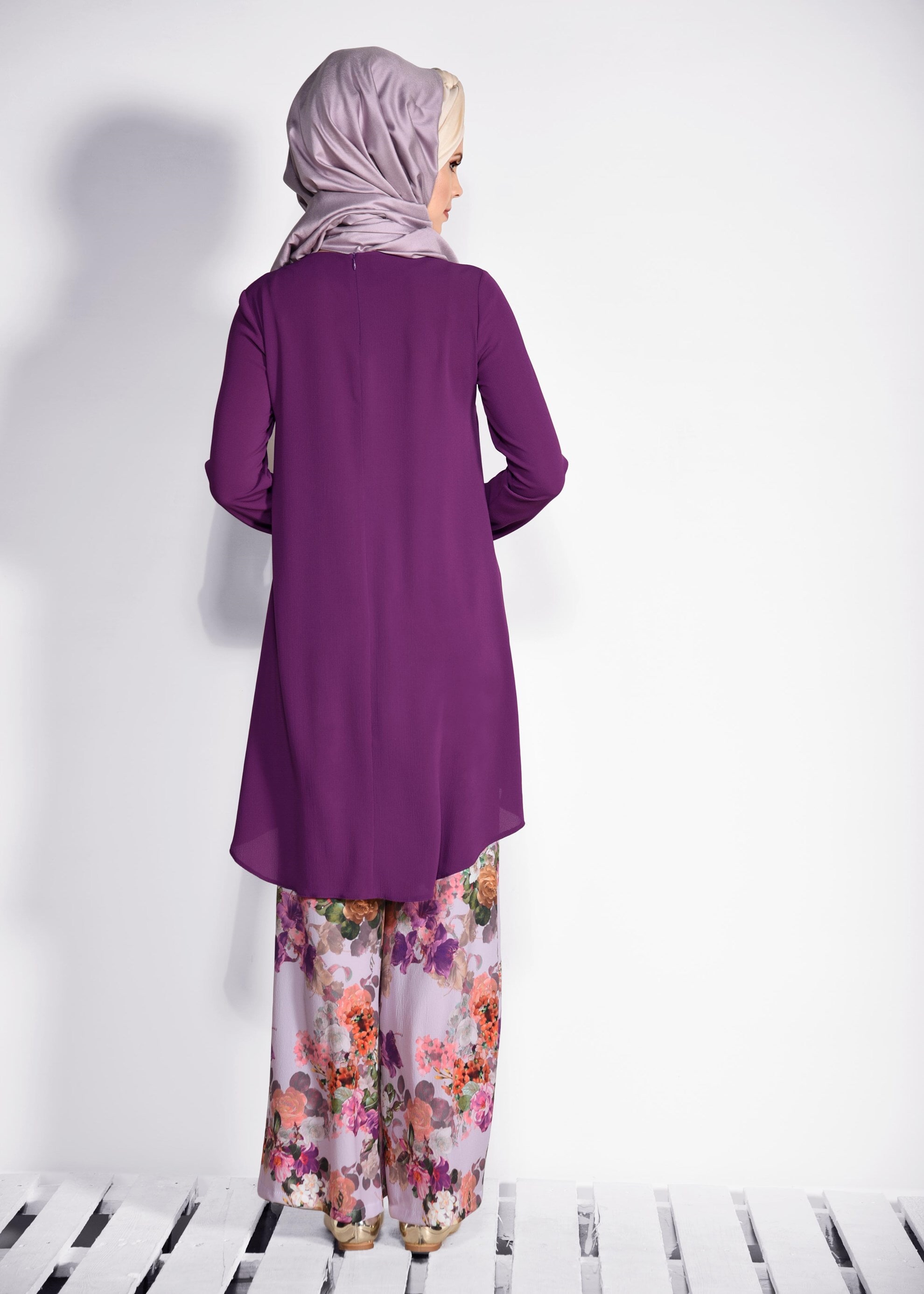 Tesettür giyim MOR ÇİÇEK DESENLİ 2&prime;Lİ PANT.TAKIM 4372