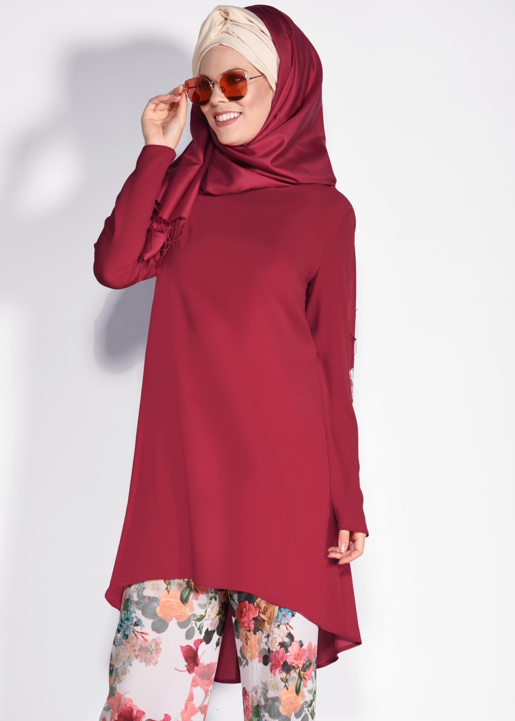 Tesettür giyim EKRU ÇİÇEK DESENLİ 2&prime;Lİ PANT.TAKIM 4372