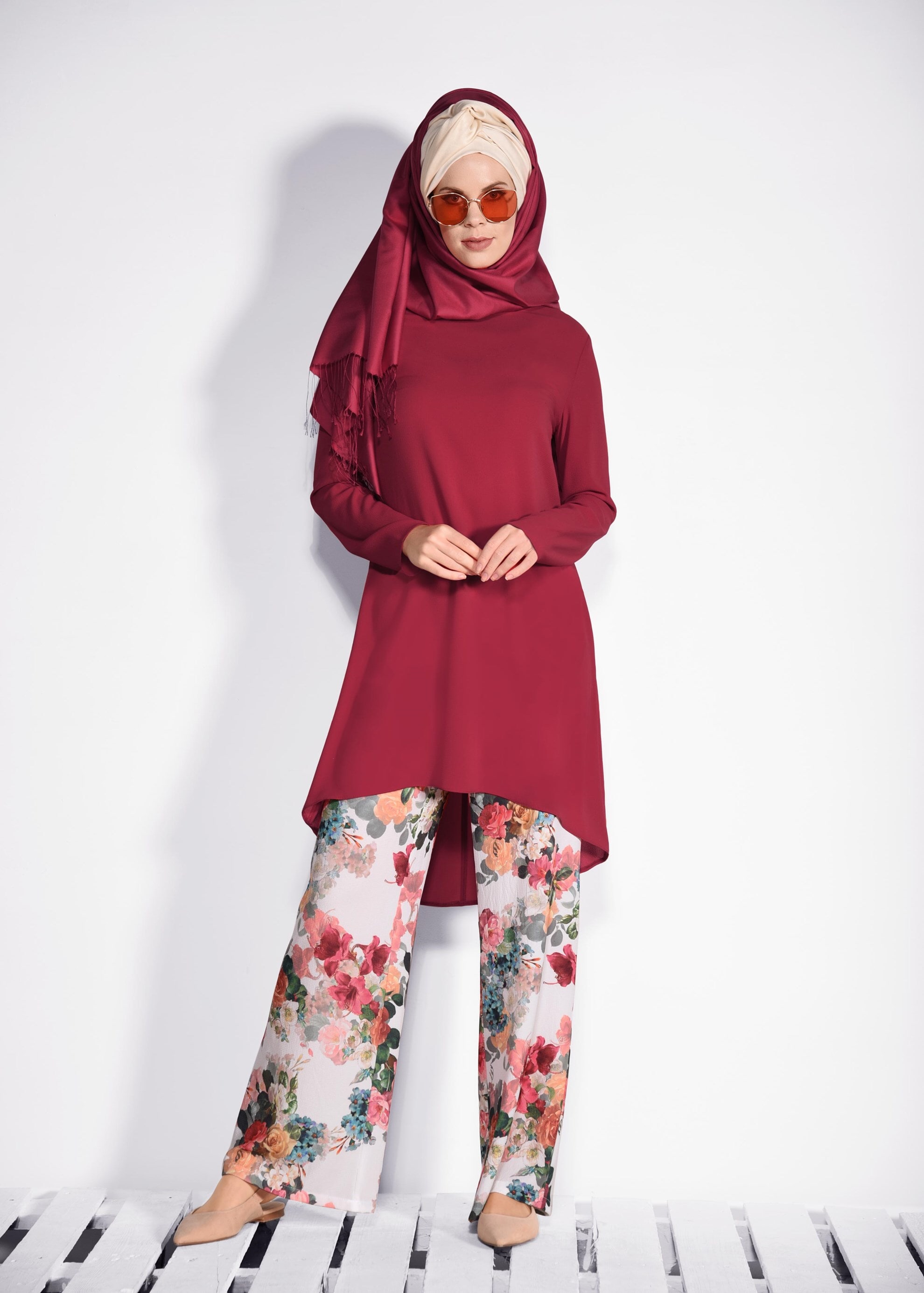 Tesettür giyim EKRU ÇİÇEK DESENLİ 2&prime;Lİ PANT.TAKIM 4372