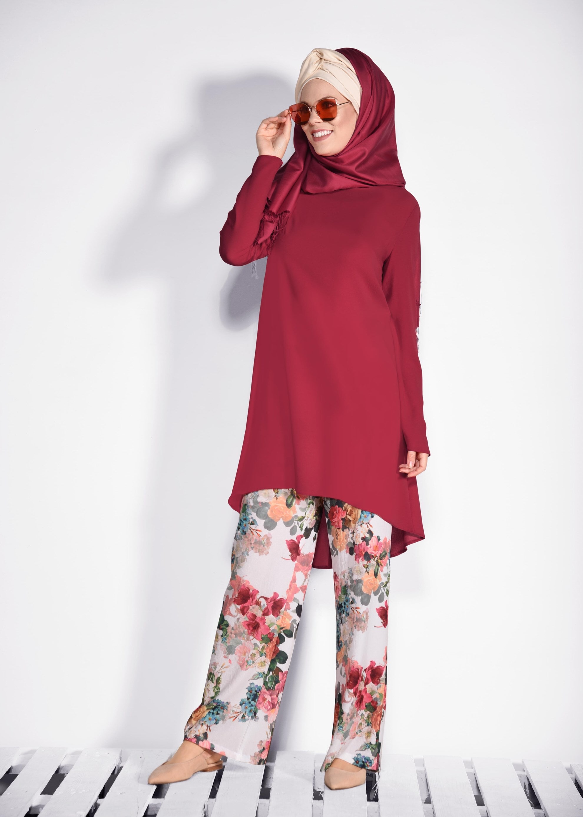 Tesettür giyim EKRU ÇİÇEK DESENLİ 2&prime;Lİ PANT.TAKIM 4372