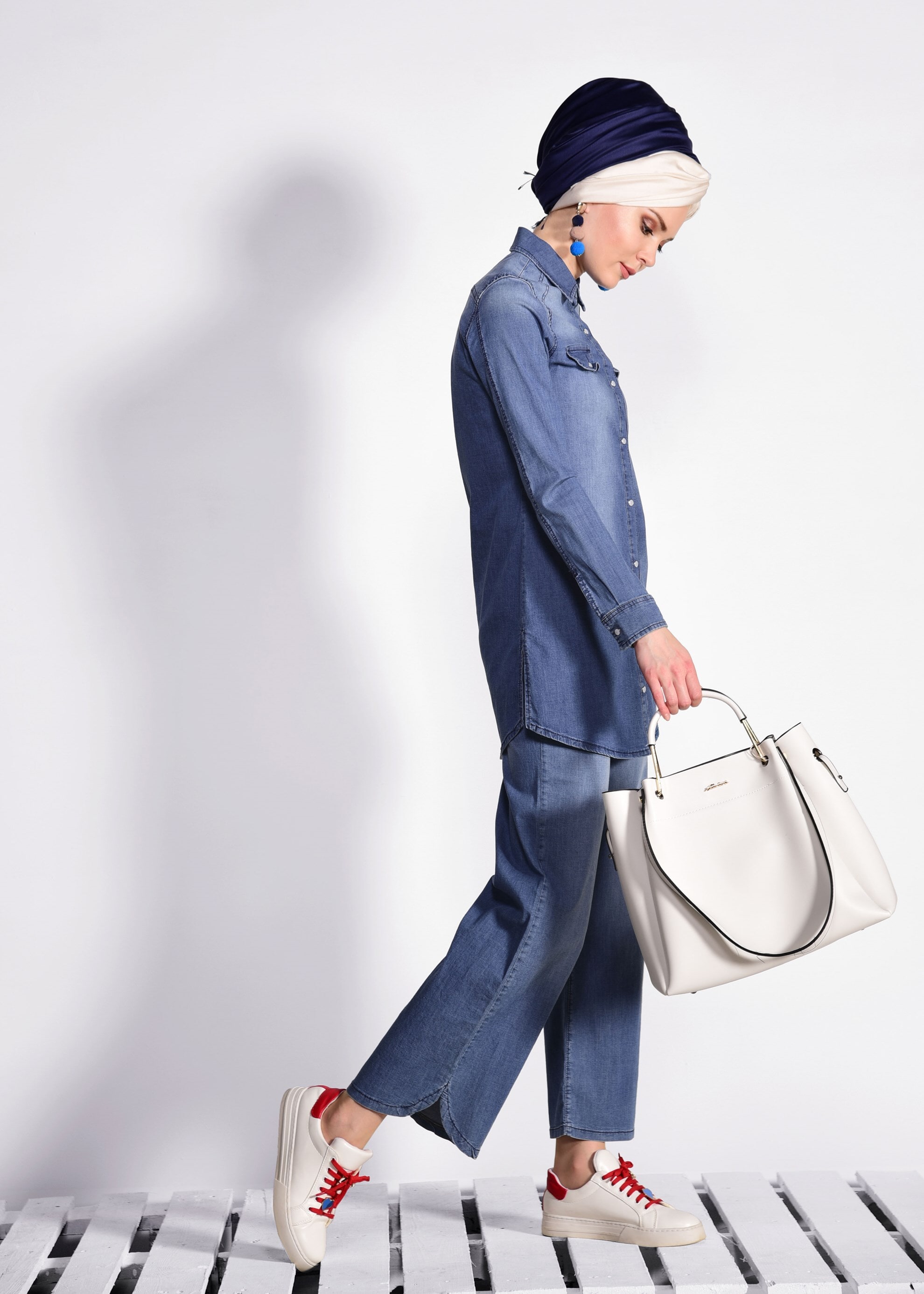 Tesettür giyim MAVİ DENİM 2&prime;Lİ PANTOLONLU TAKIM 4949